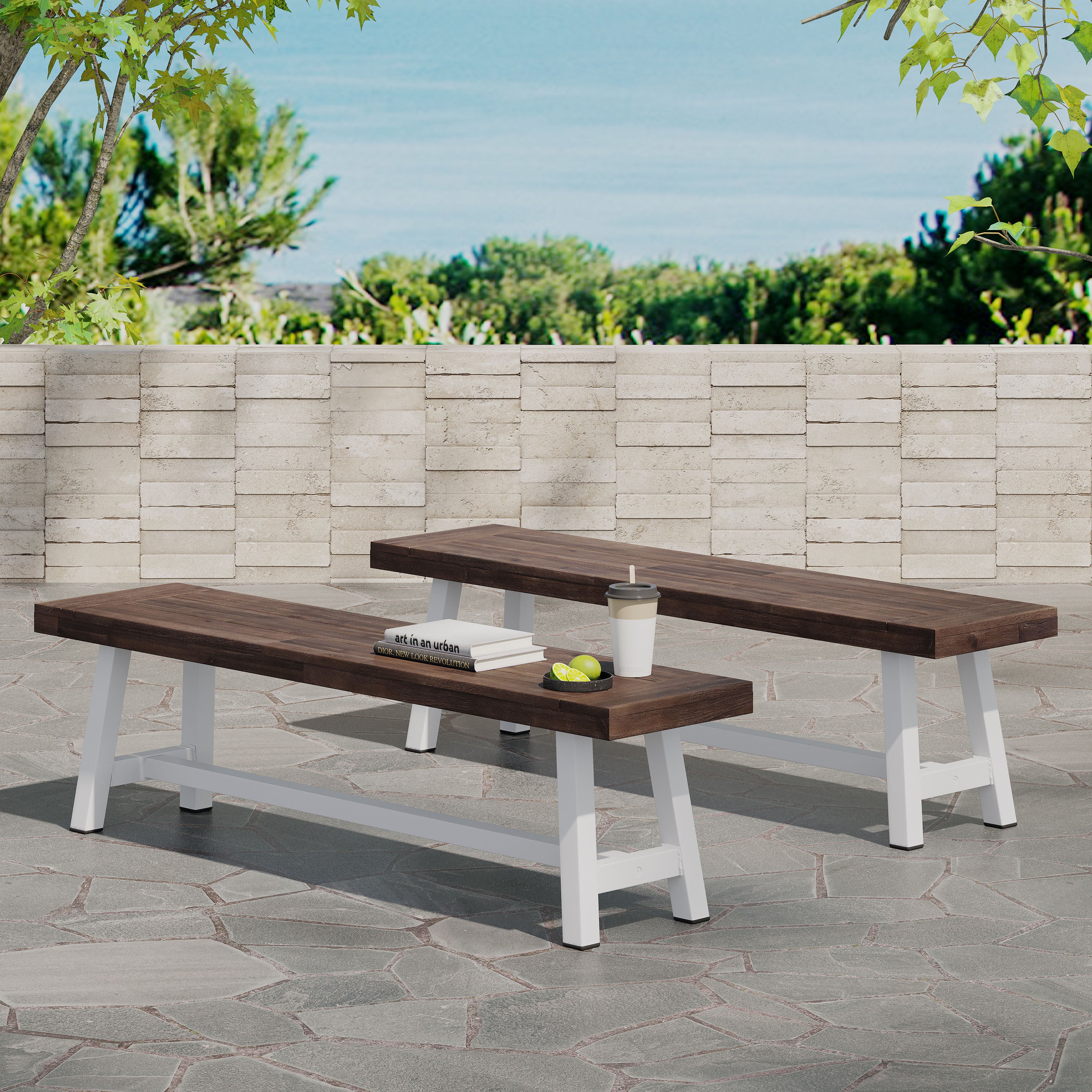 Carlisle Outdoor Benches (Set of 2) - Dark Brown/White