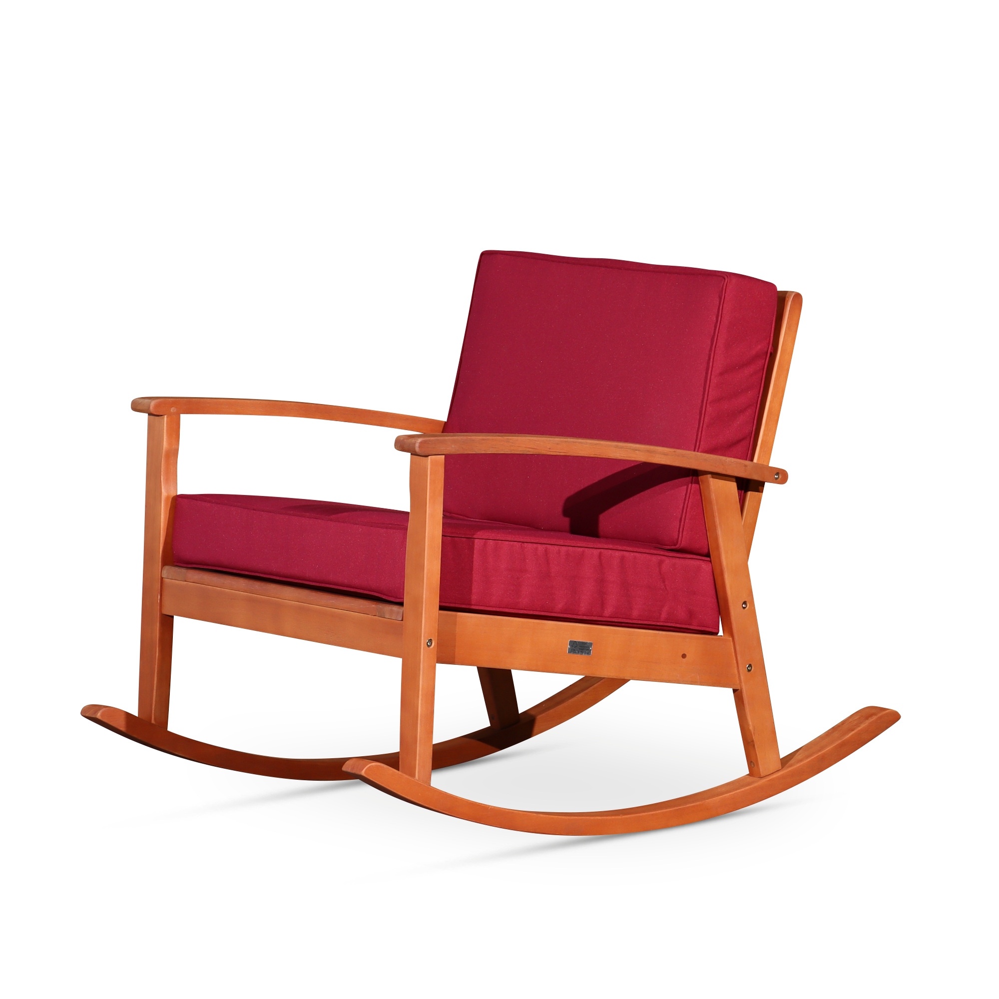 Eucalyptus Rocking Chair: Natural Oil Finish, Burgundy Cushions
