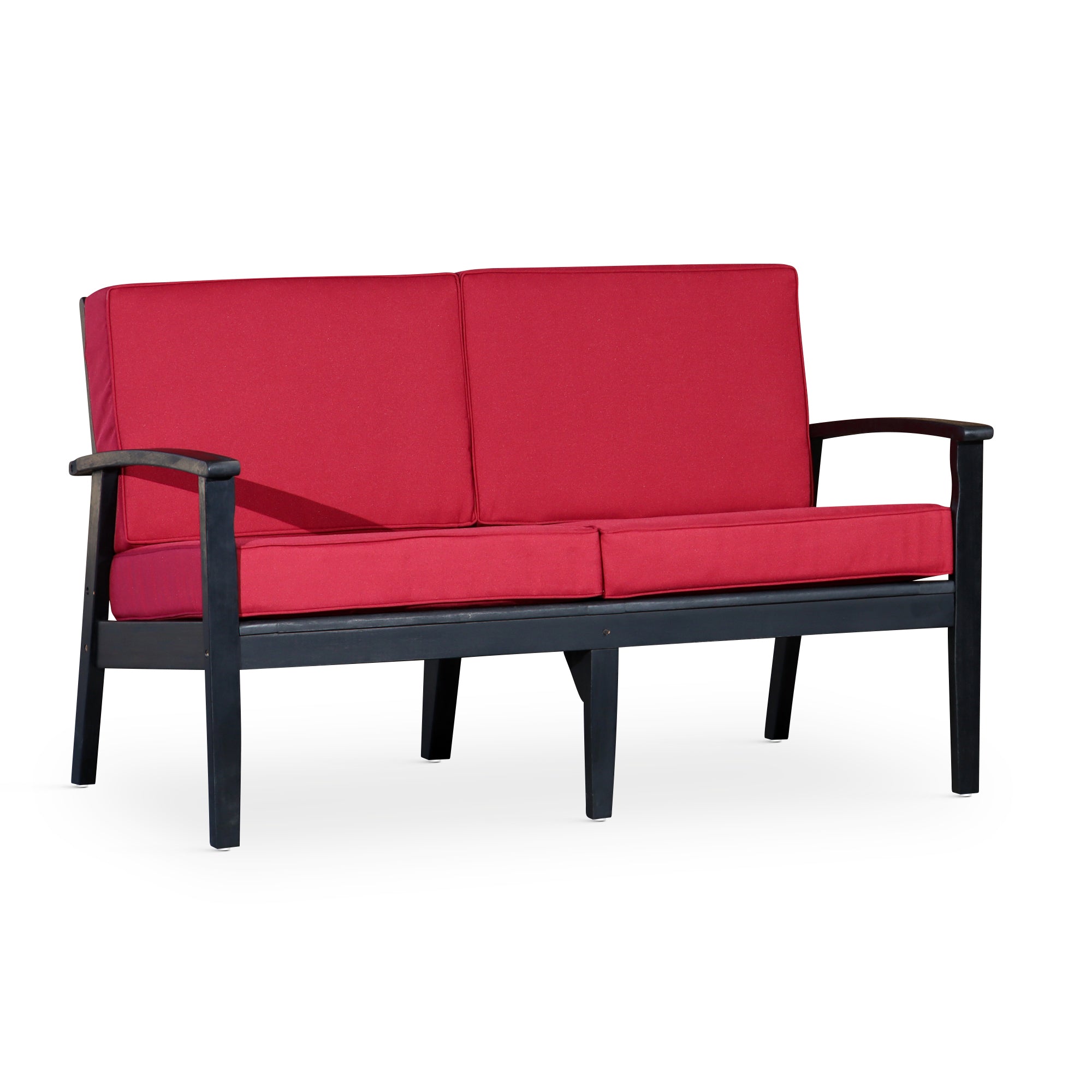 Espresso Eucalyptus Loveseat with Burgundy Cushions Outdoor Furniture