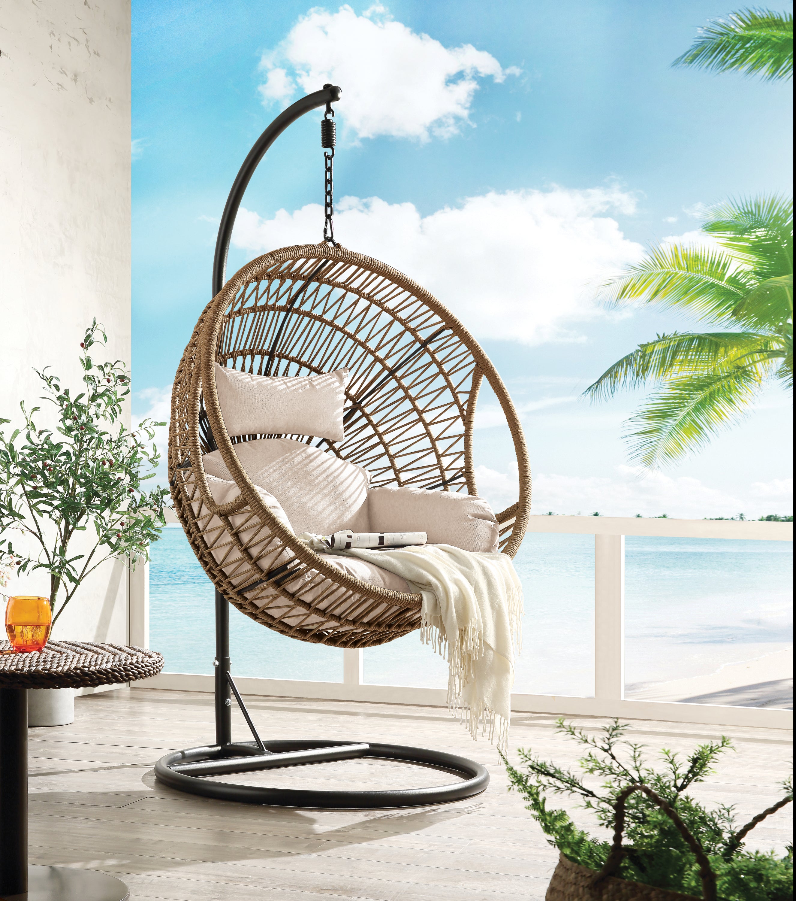 Vasant Beige Fabric & Rope Hanging Chair | Stylish Comfort