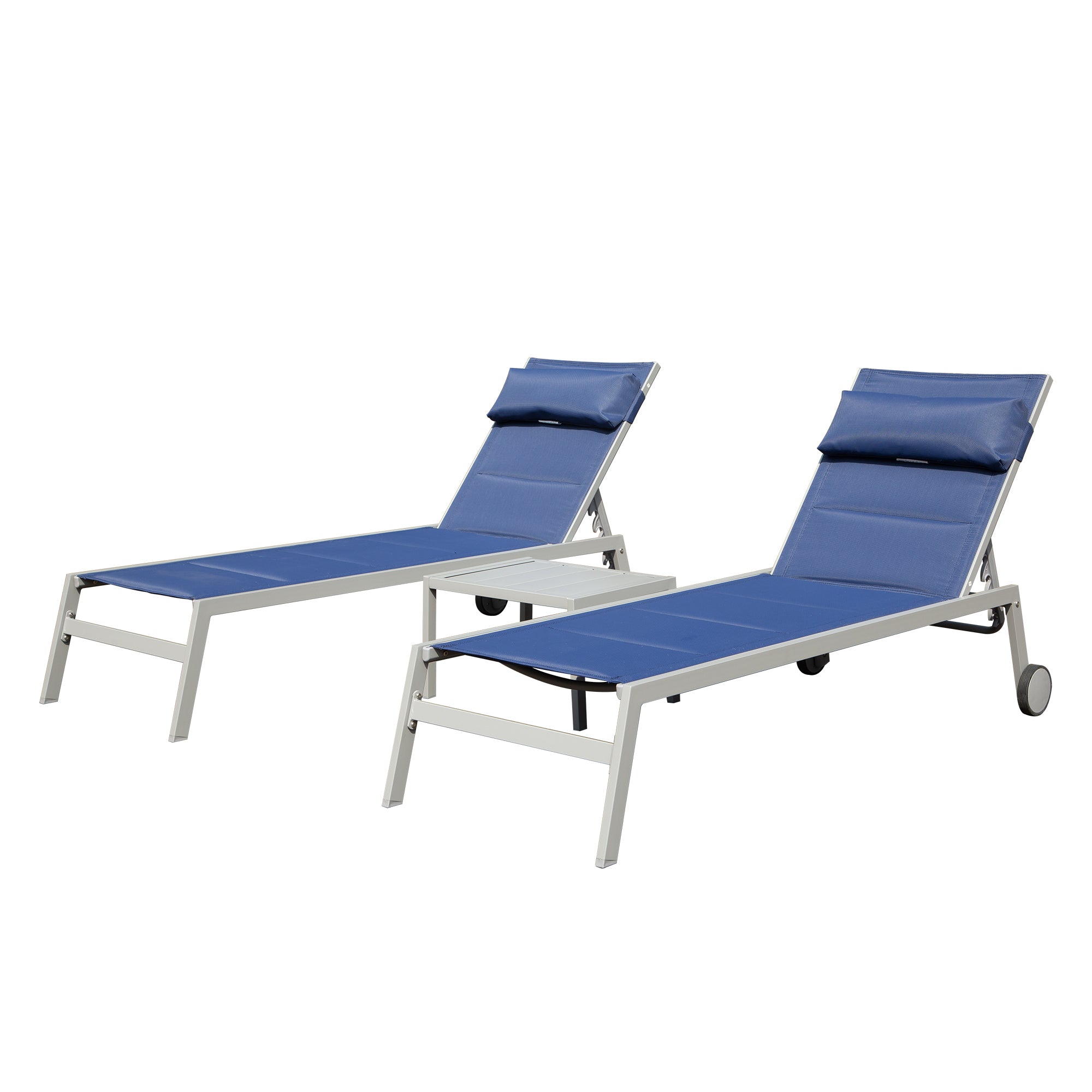 Outdoor Patio Chaise Lounge Set 3, Aluminum Pool Recliner with Table