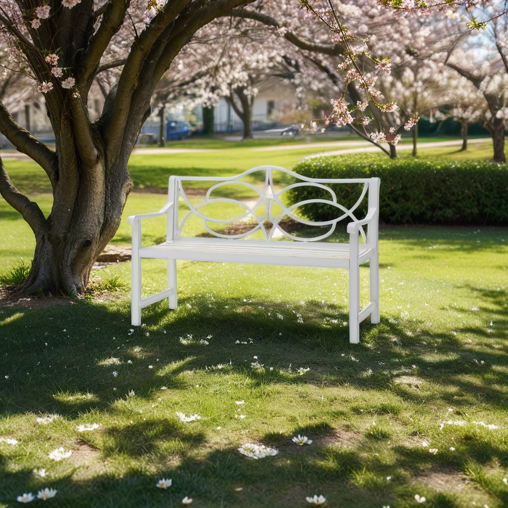 Outdoor Garden Patio Bench, White Metal Slatted 2-3 Person