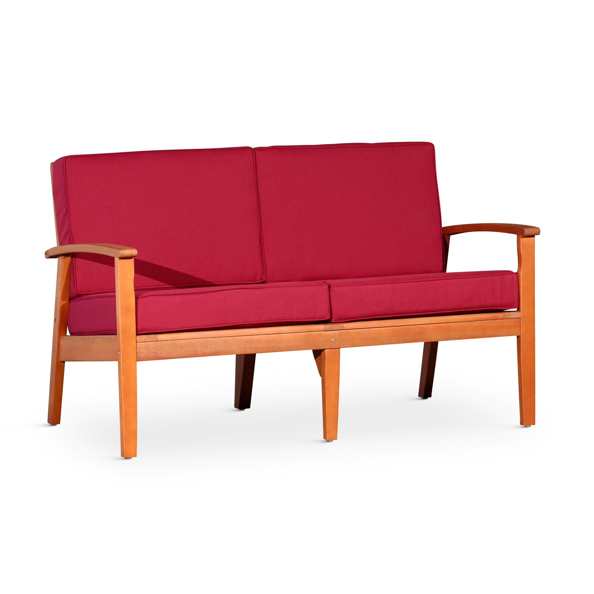 Natural Oil Eucalyptus Wood Outdoor Loveseat w/ Stylish Burgundy Cushions