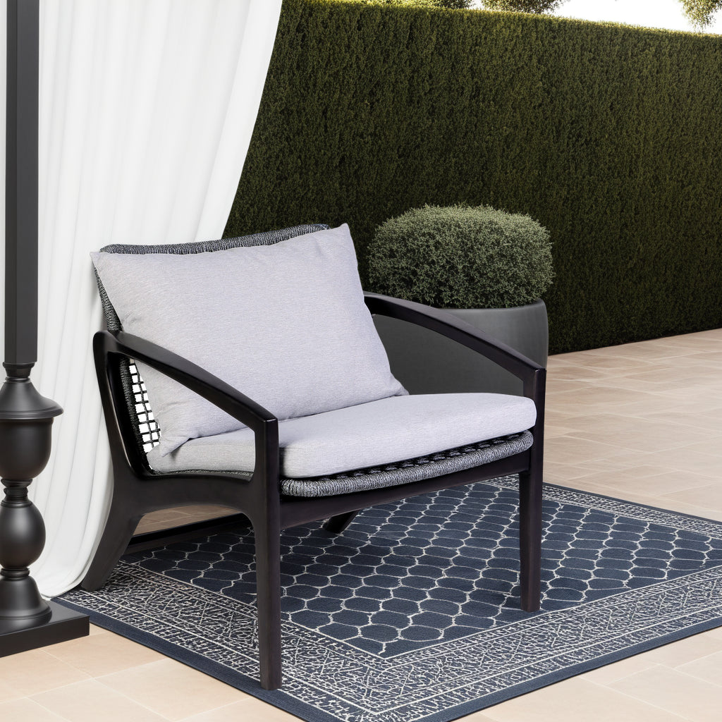 Beckham Outdoor Chair: Eucalyptus Wood, Gray Rope, White Cushions
