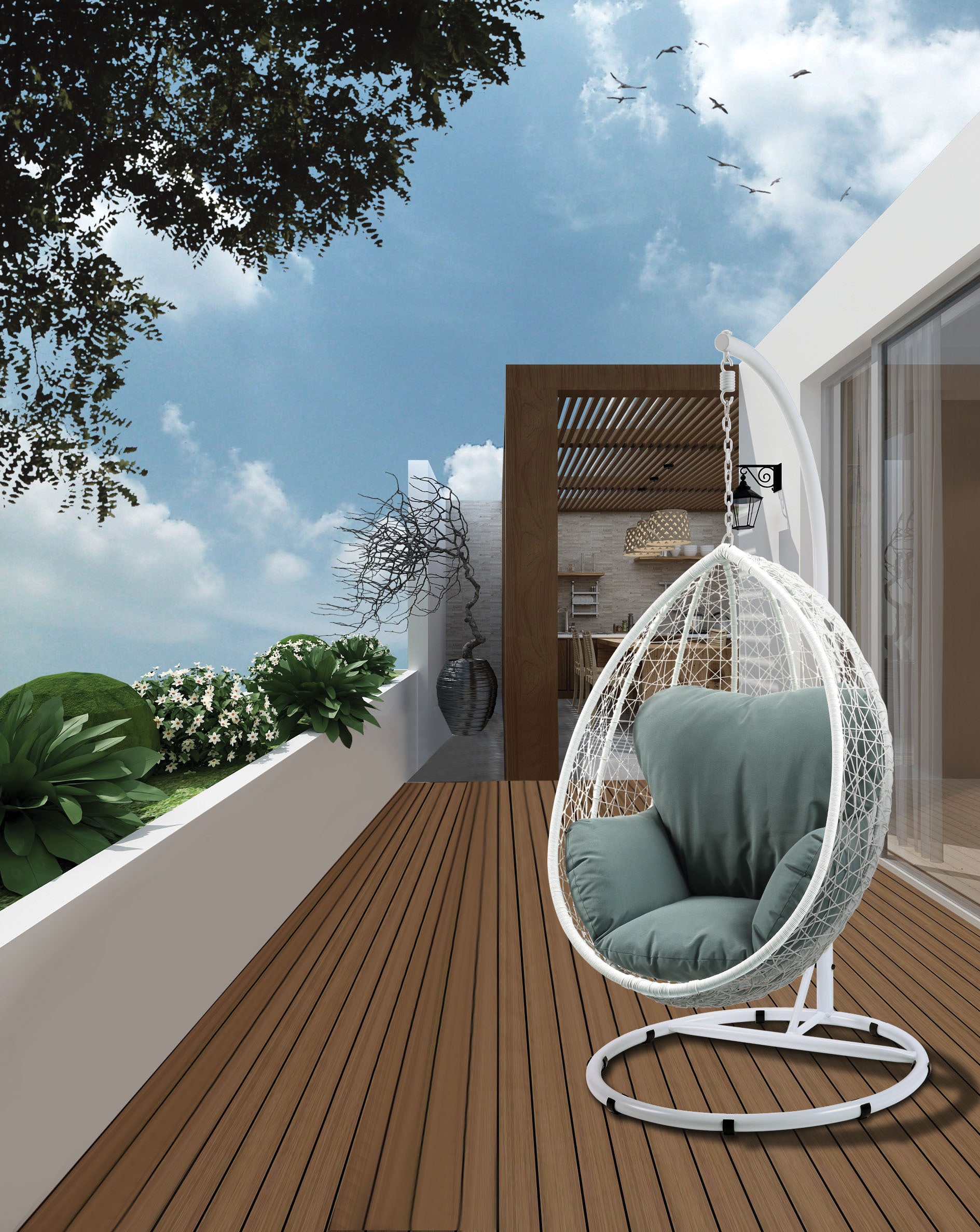 Simona Green Fabric & White Wicker Hanging Chair for Patio & Garden Deck