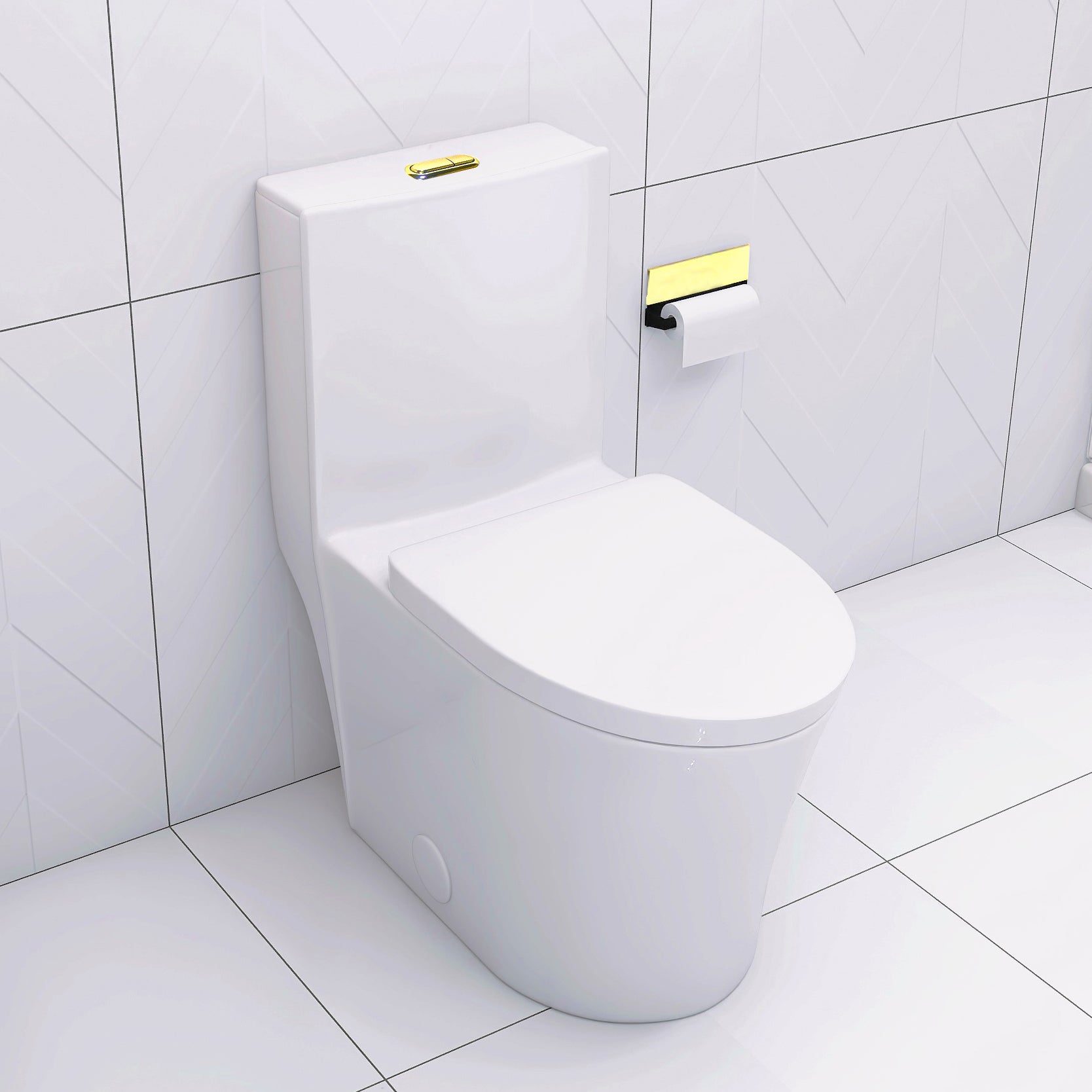 Elongated White One-Piece Toilet
