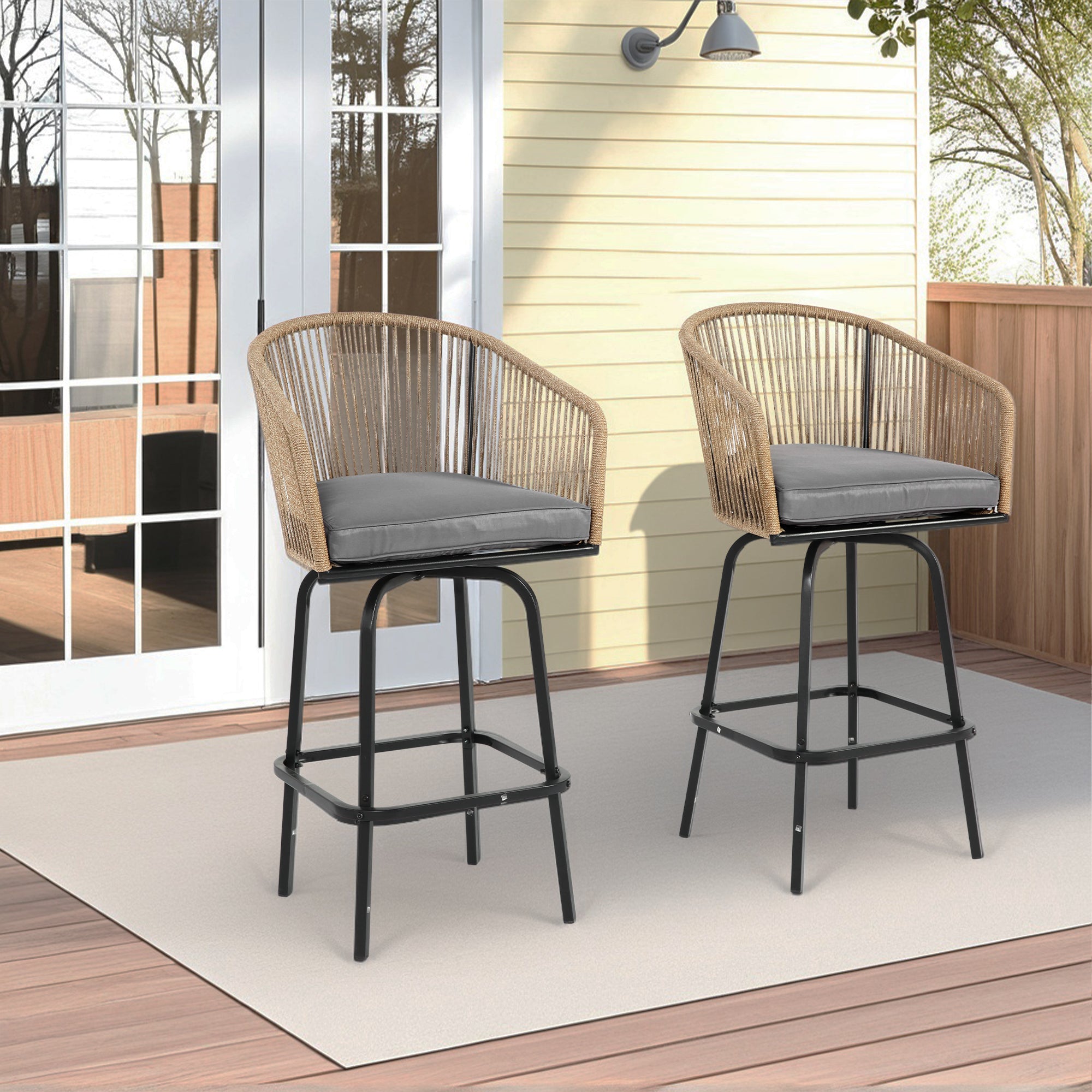 Outdoor Patio Rattan Bar Stools Set of 2 with Armrests & Backrests