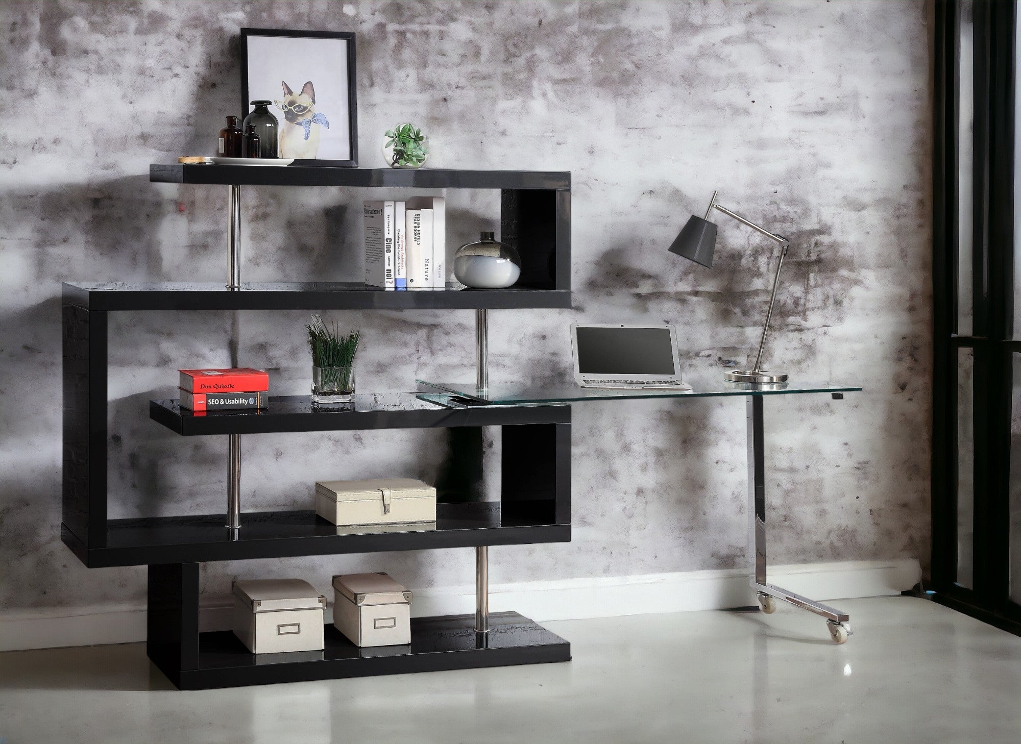 Buck II Clear Glass Desk, Chrome Finish, w/ Shelf
