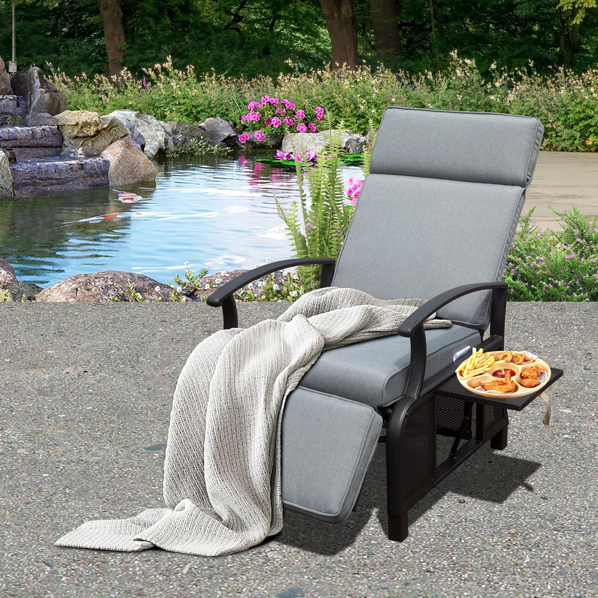 Adjustable Metal Patio Recliner Outdoor Lounge Chair w/ Flip Table