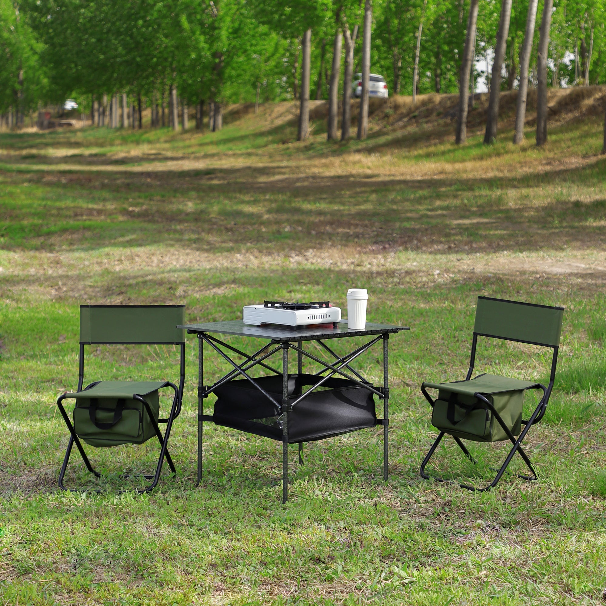 Folding Outdoor Table Chairs Set (3pc) for Camping, Patio, BBQ, Black/Green