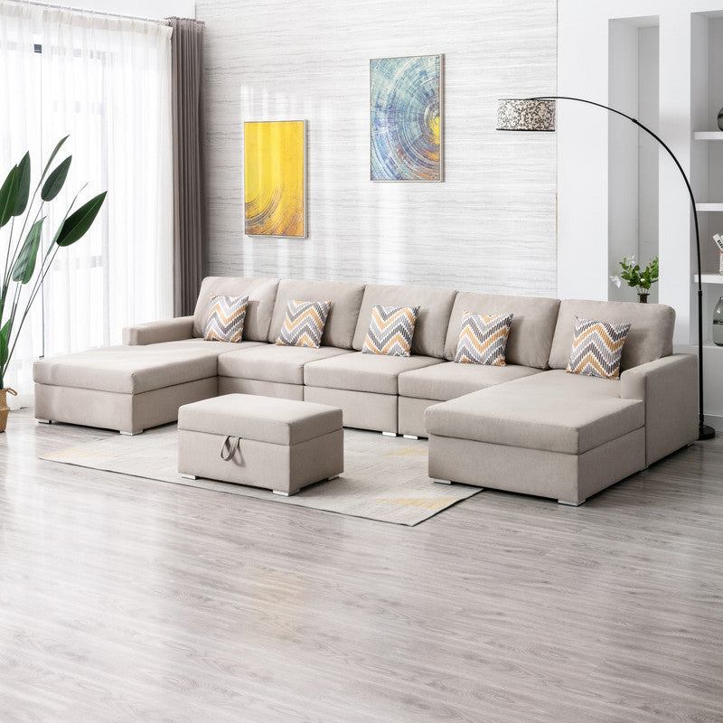 Nolan Beige Linen Sectional Sofa: 6pc Set