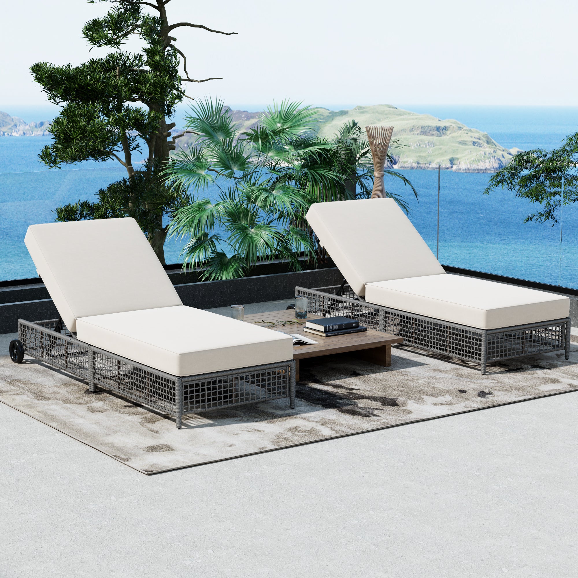TREXM Rattan Outdoor Lounge Chair Set of 2, Adjustable Poolside Patio Chaise
