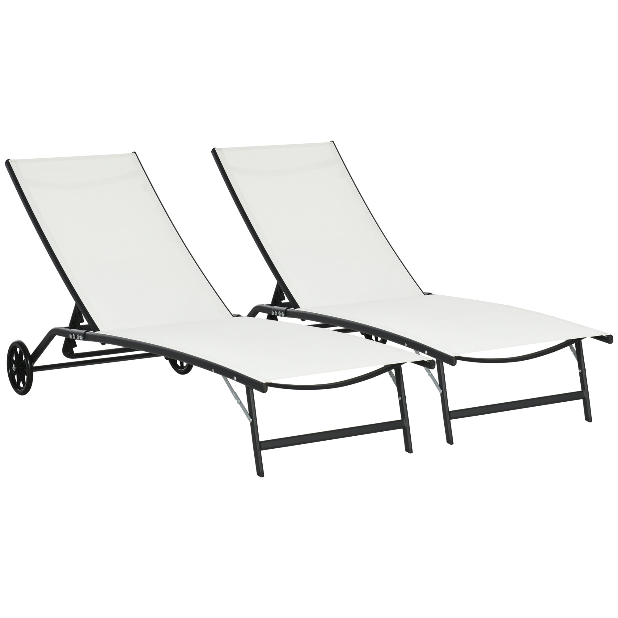 Outsunny 2PC Outdoor Chaise Lounge w/ Wheels, 5-Pos. Tanning - Cream