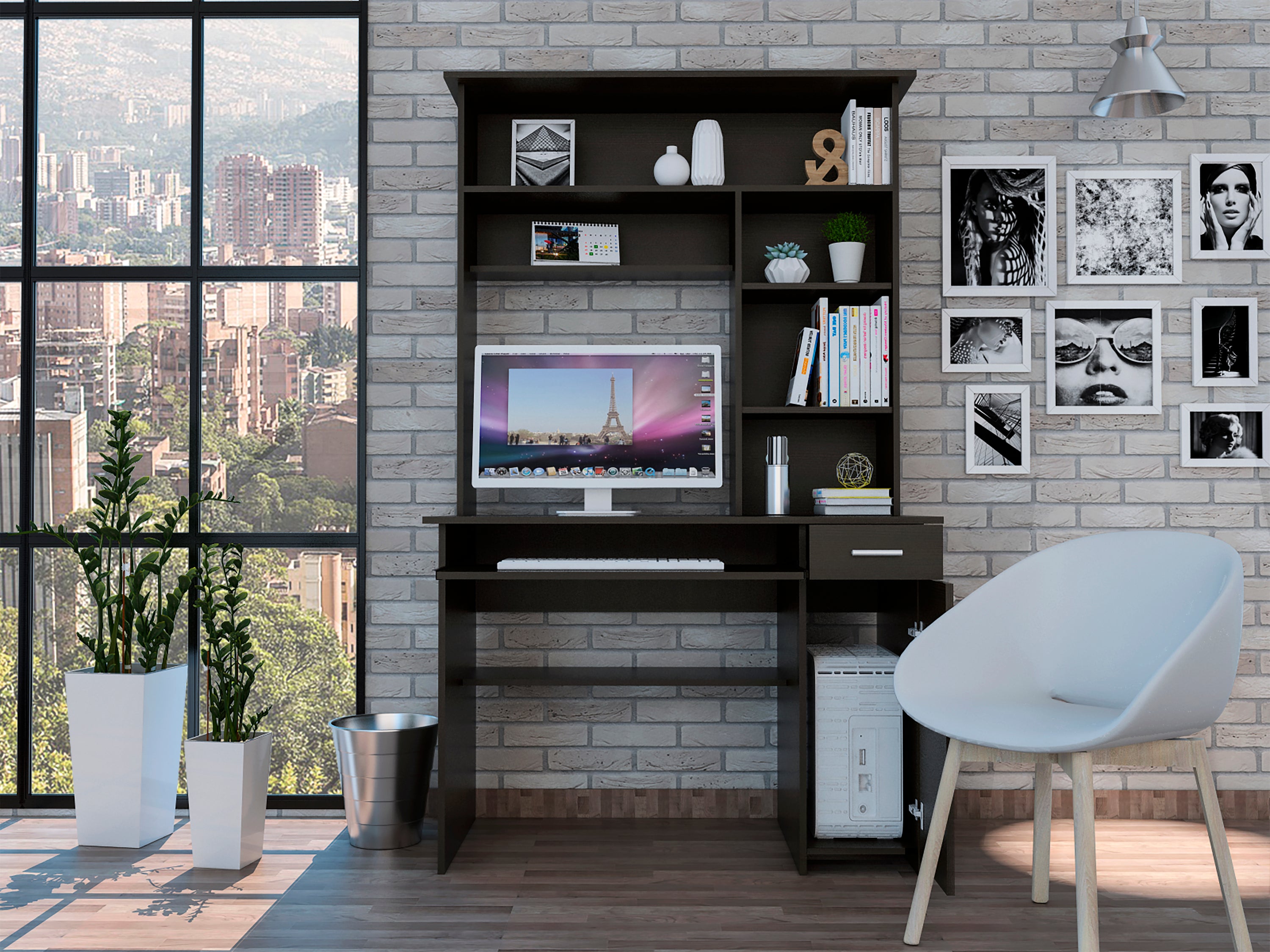 Black Wengue Computer Desk with Hutch & 7 Shelves