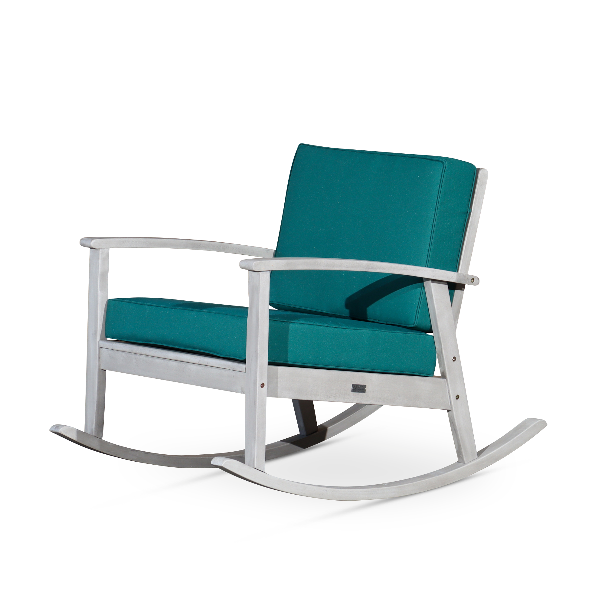 Outdoor Eucalyptus Wood Rocking Chair, Silver Gray, Dark Green Cushions