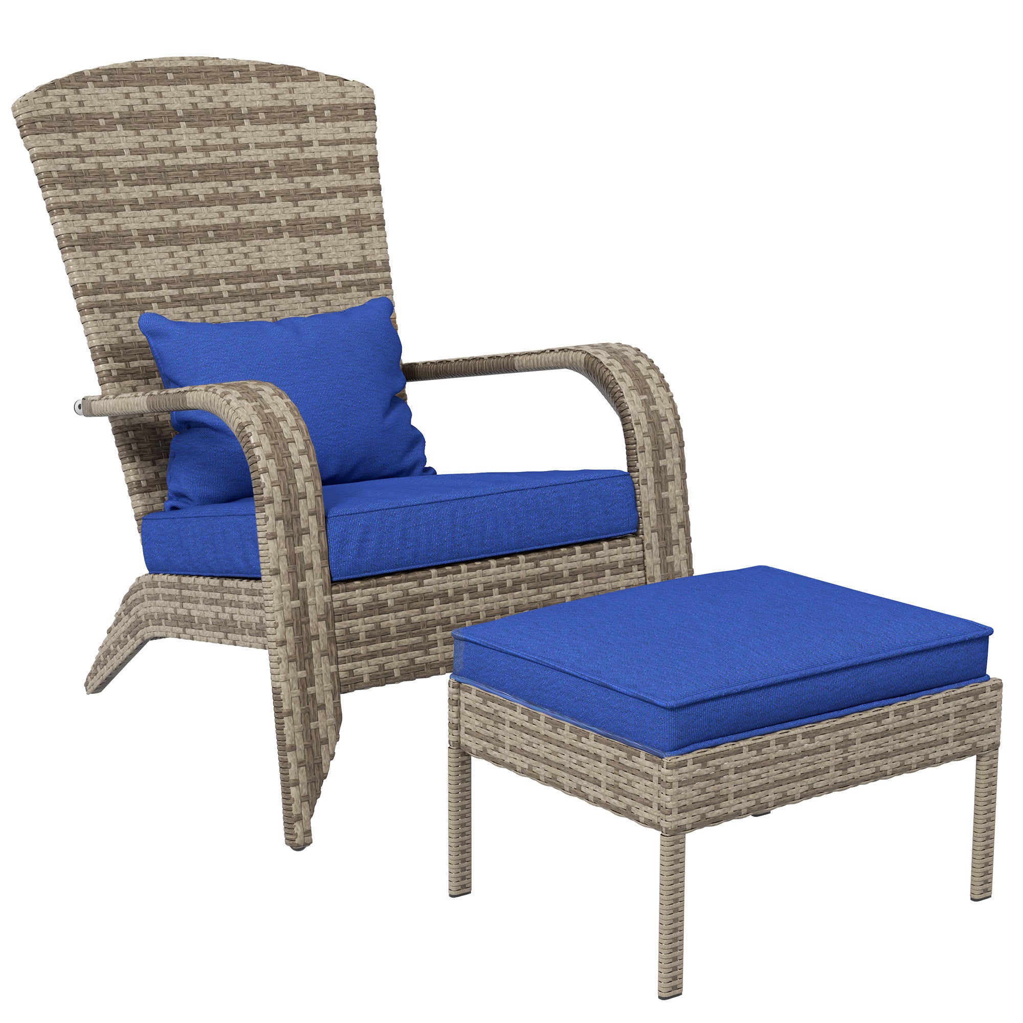 Outsunny Wicker Adirondack Patio Chair, Ottoman, Cushions, Dark Blue
