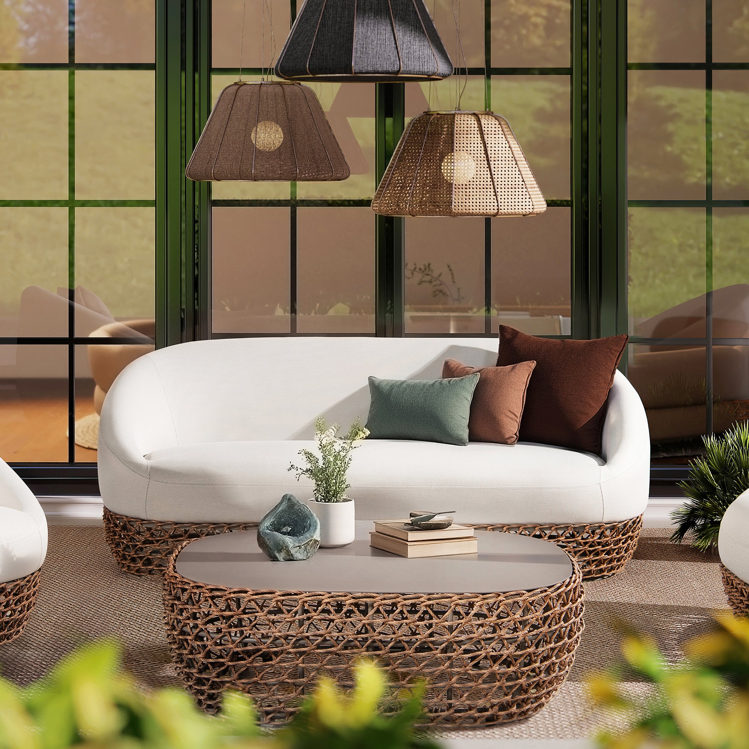 Willow 71" Upholstered Patio Sofa - Golden Brown Wicker, Wheat Beige