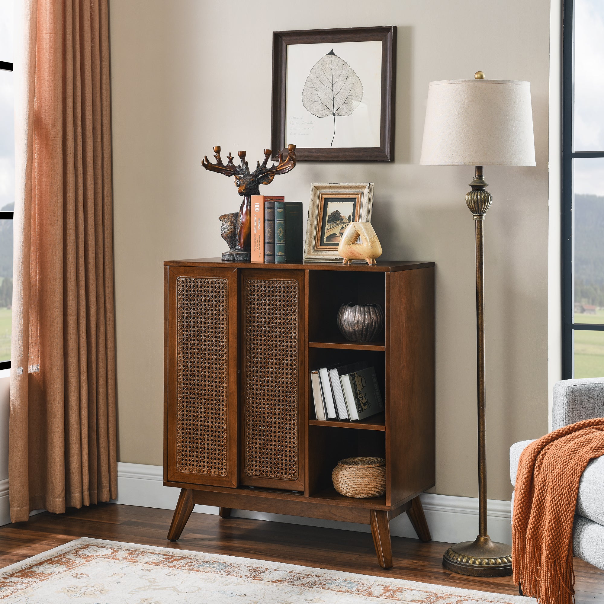 Mid-Century Rattan Sideboard: Solid Wood & Adjustable Shelf
