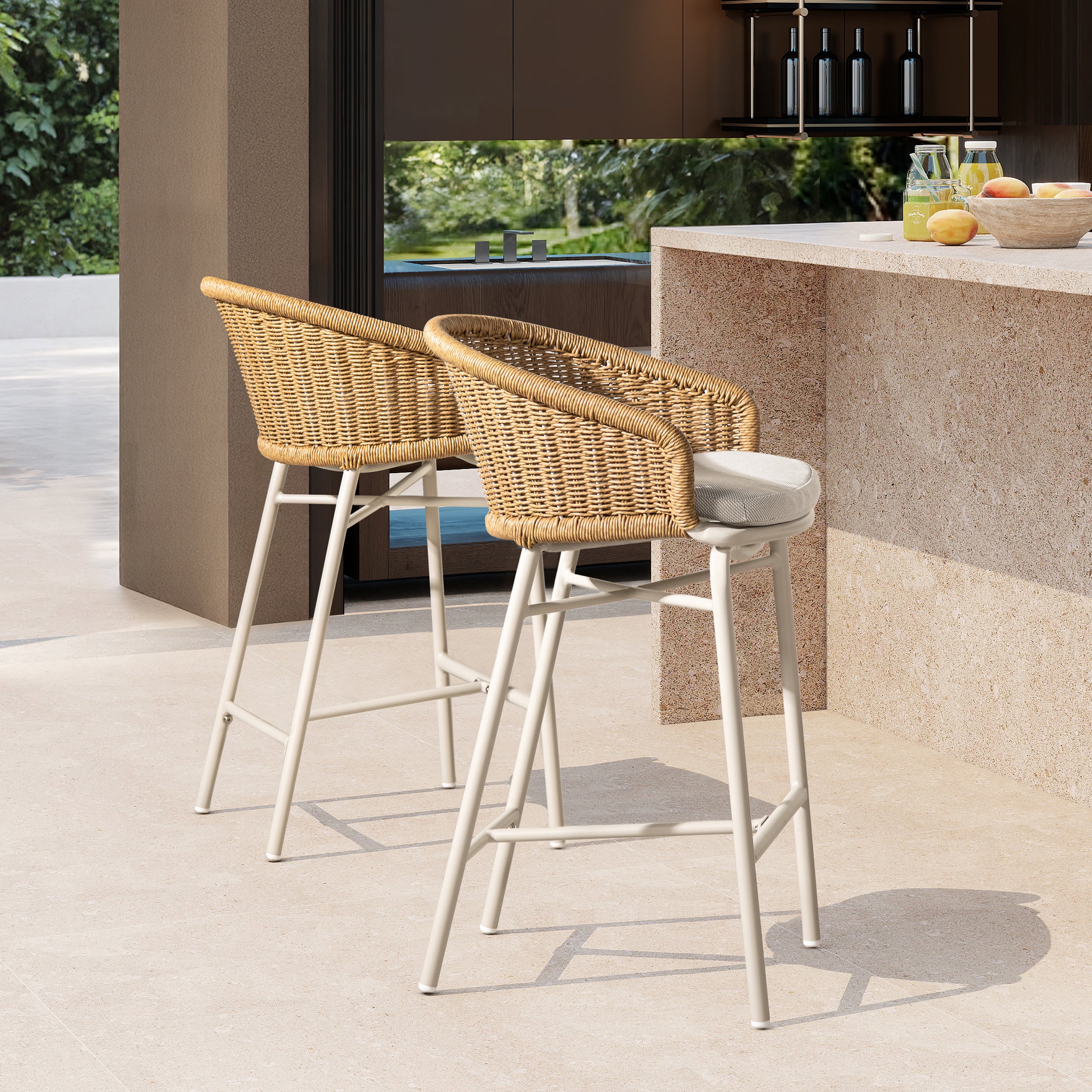 Santorini 28" Wicker Outdoor Bar Stools, Set of 2 - Wheat Beige
