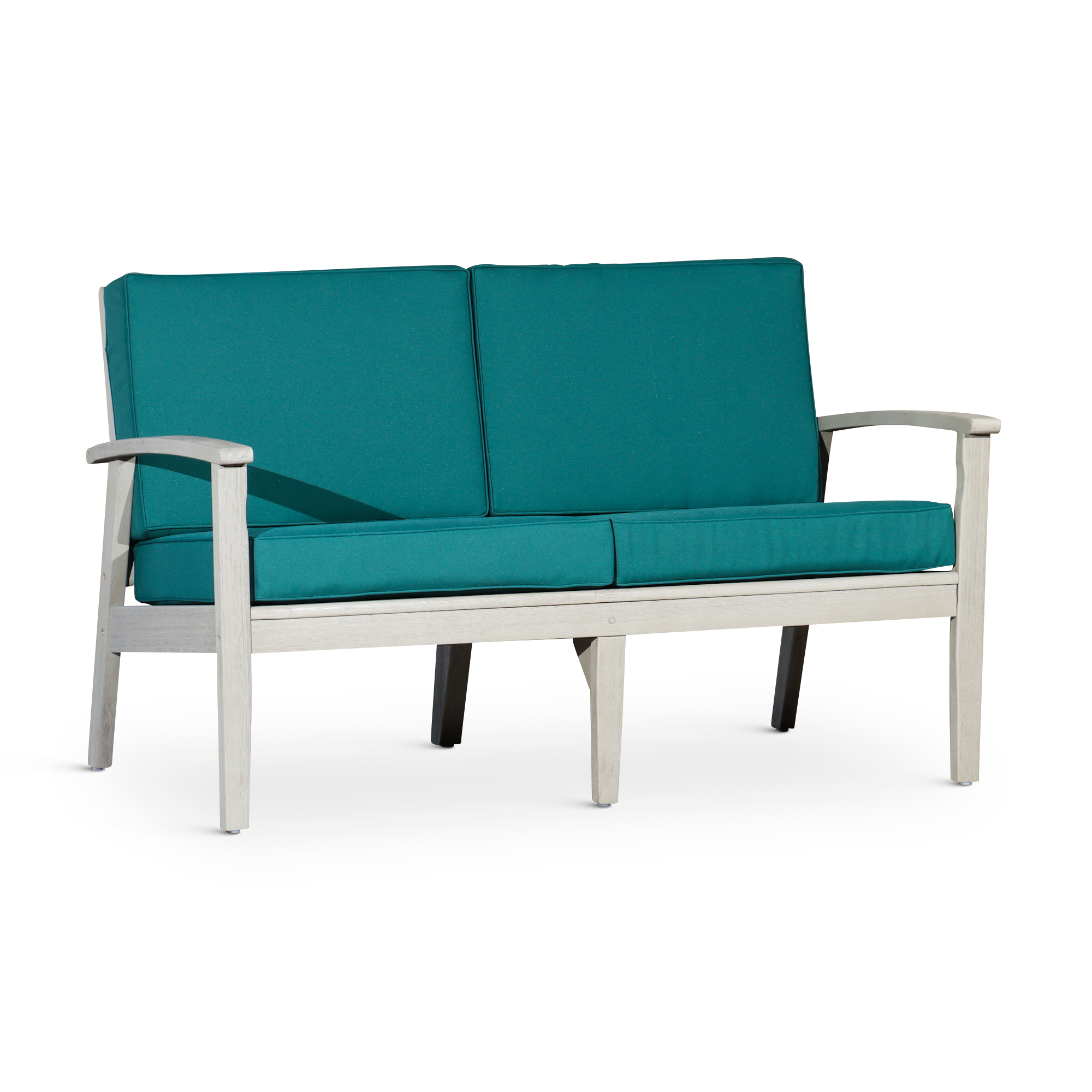 Driftwood Gray Eucalyptus Loveseat with Dark Green Cushions