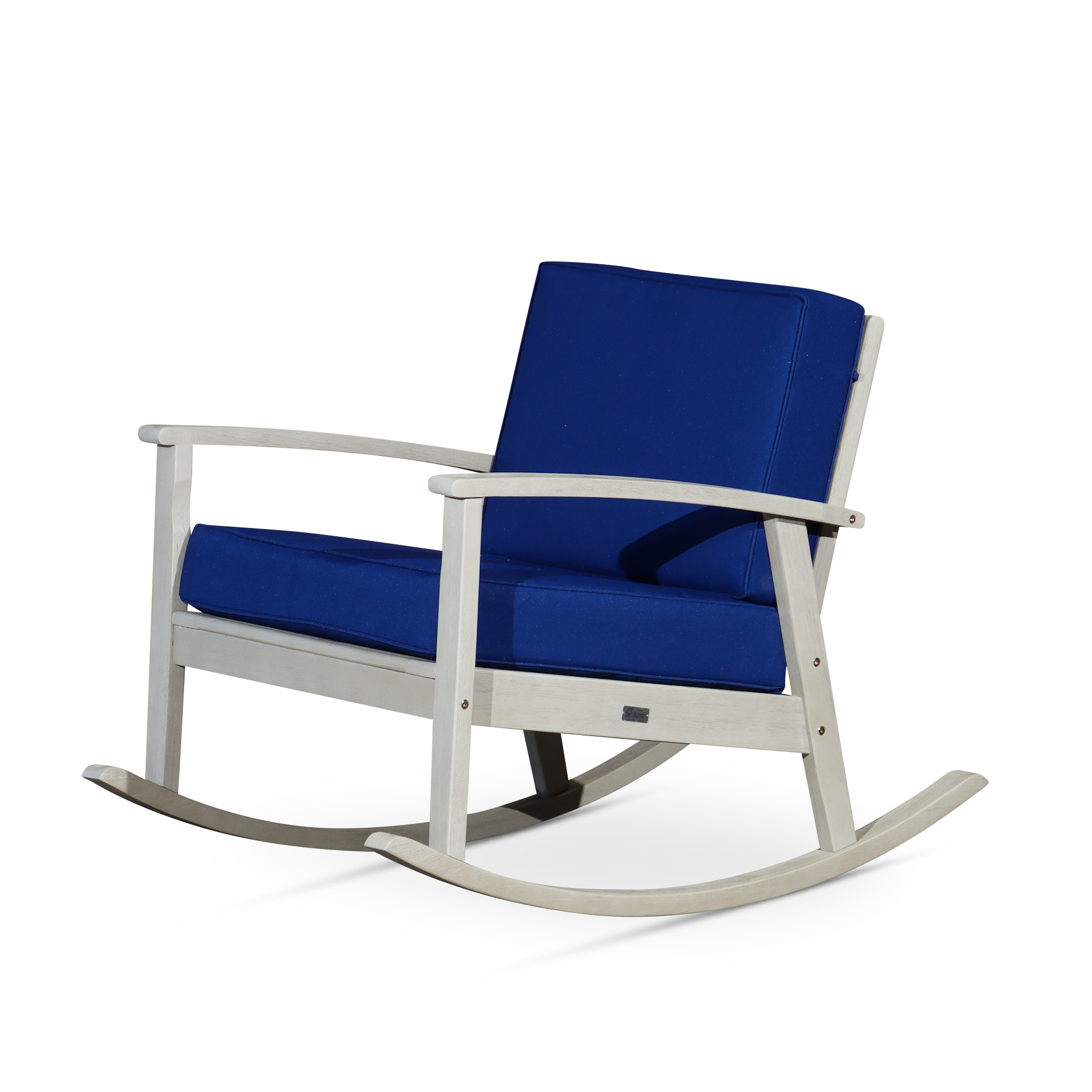 Driftwood Gray Eucalyptus Rocking Chair with Navy Cushions