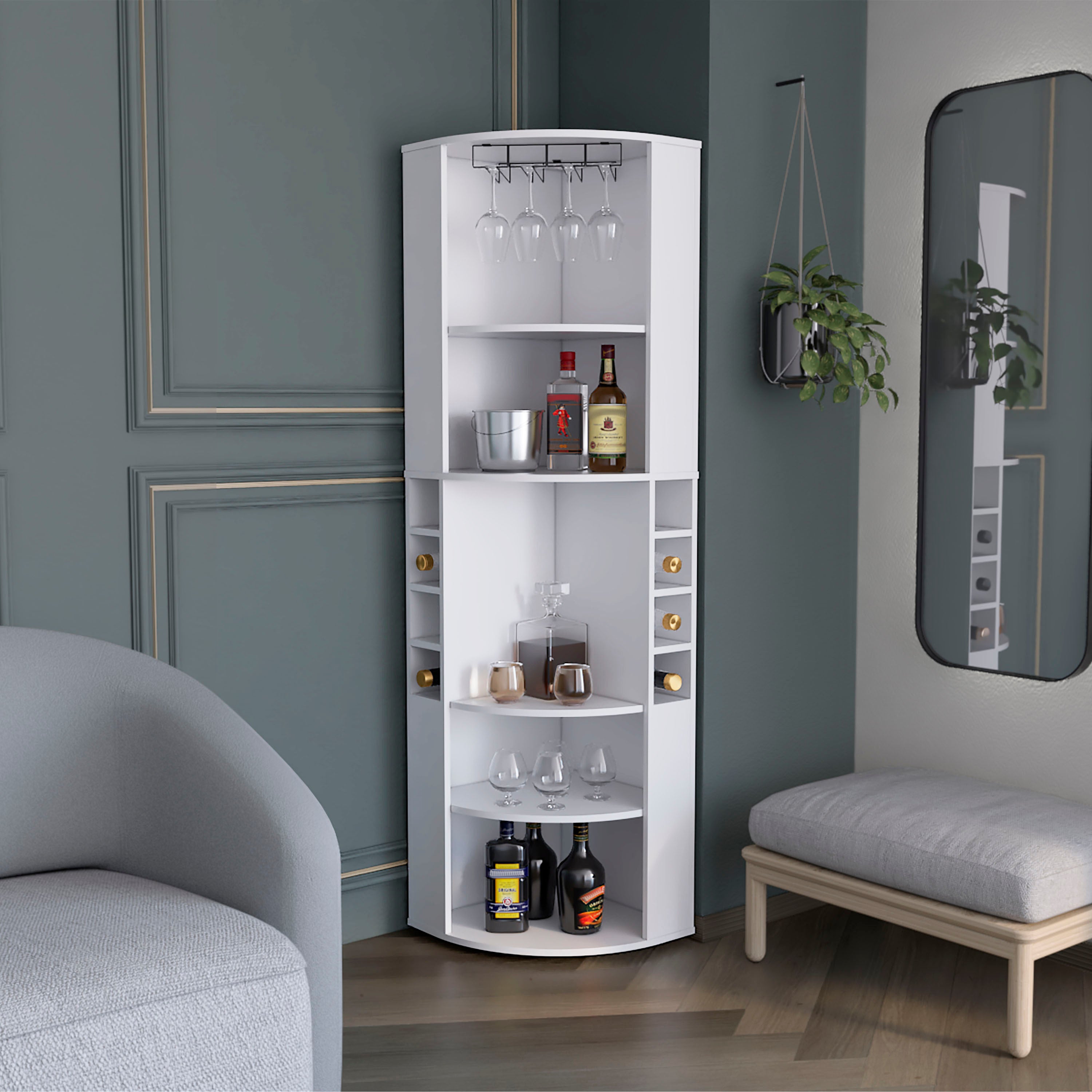 Oban Corner Bar Cabinet: 5 Shelves, 8 Bottles