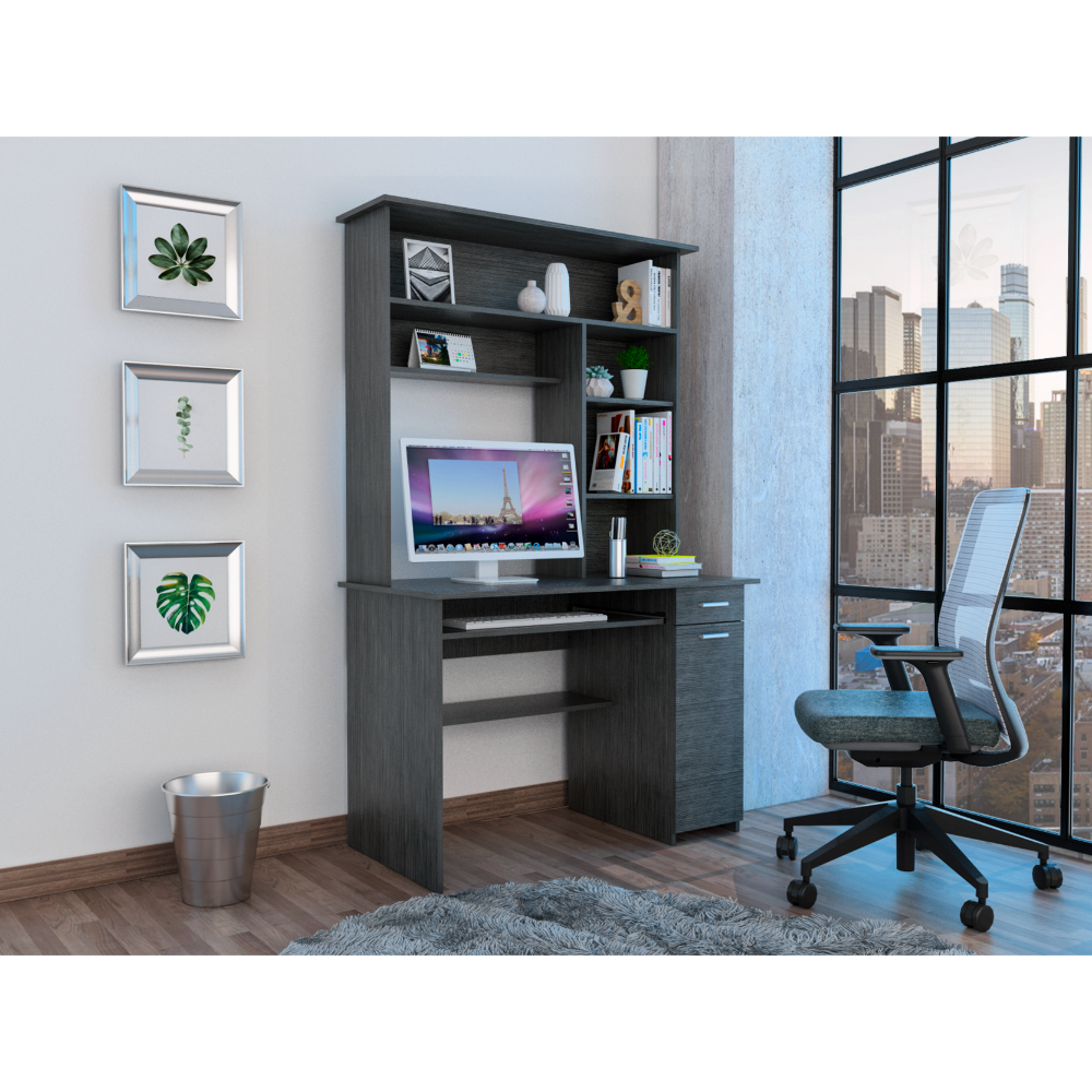 Compu 180 Hutch Desk, Grey Oak, Shelves, Keyboard Tray