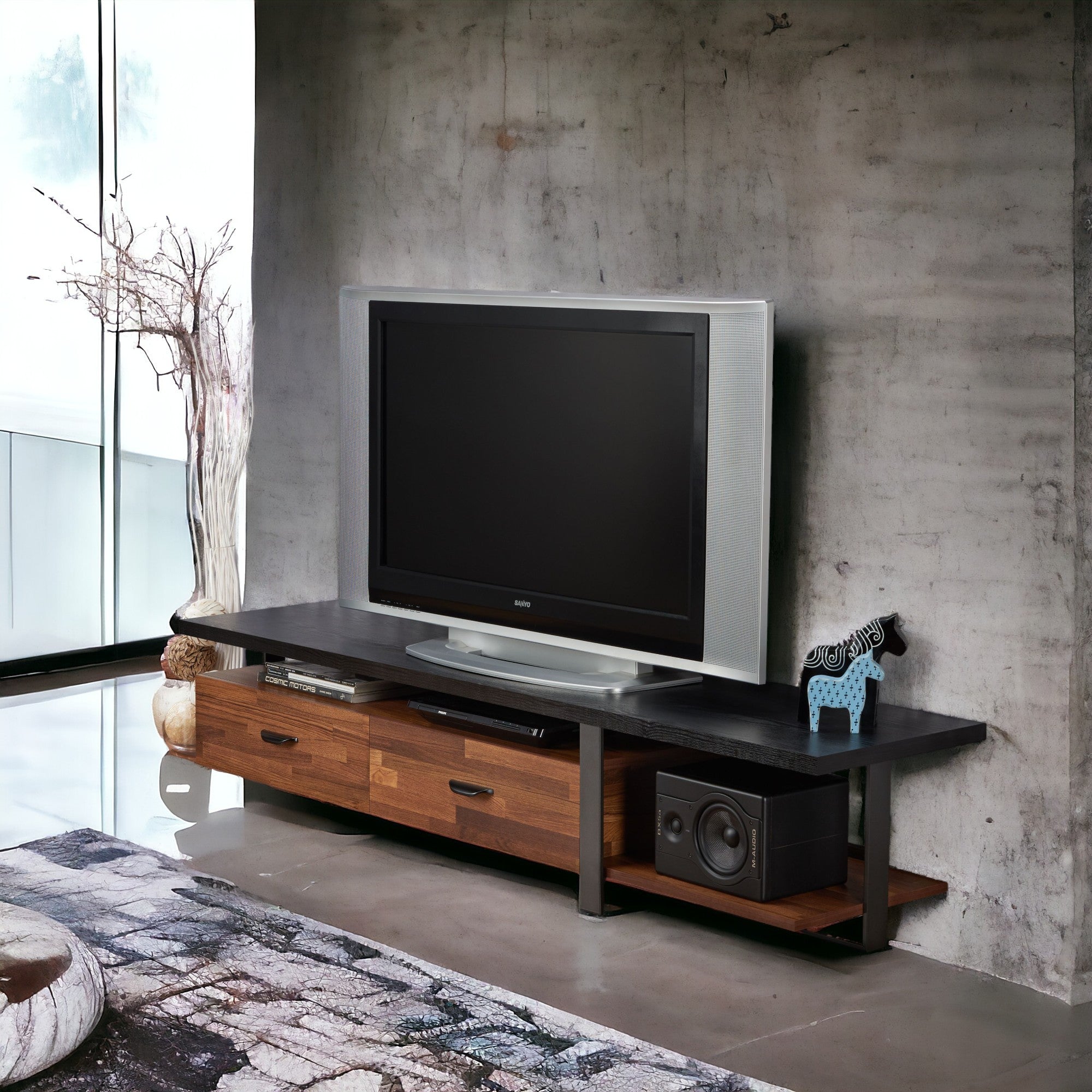 Walnut & Black 2-Drawer TV Stand w/ Shelf