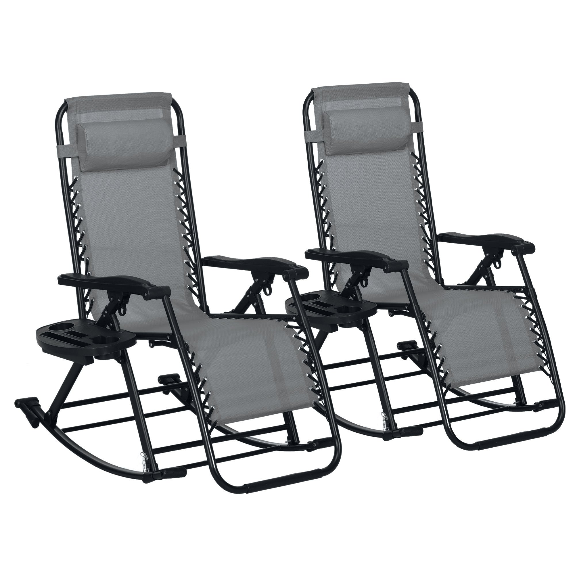Outsunny 2-Pc Foldable Zero Gravity Rocking Chairs w/ Holders, Gray