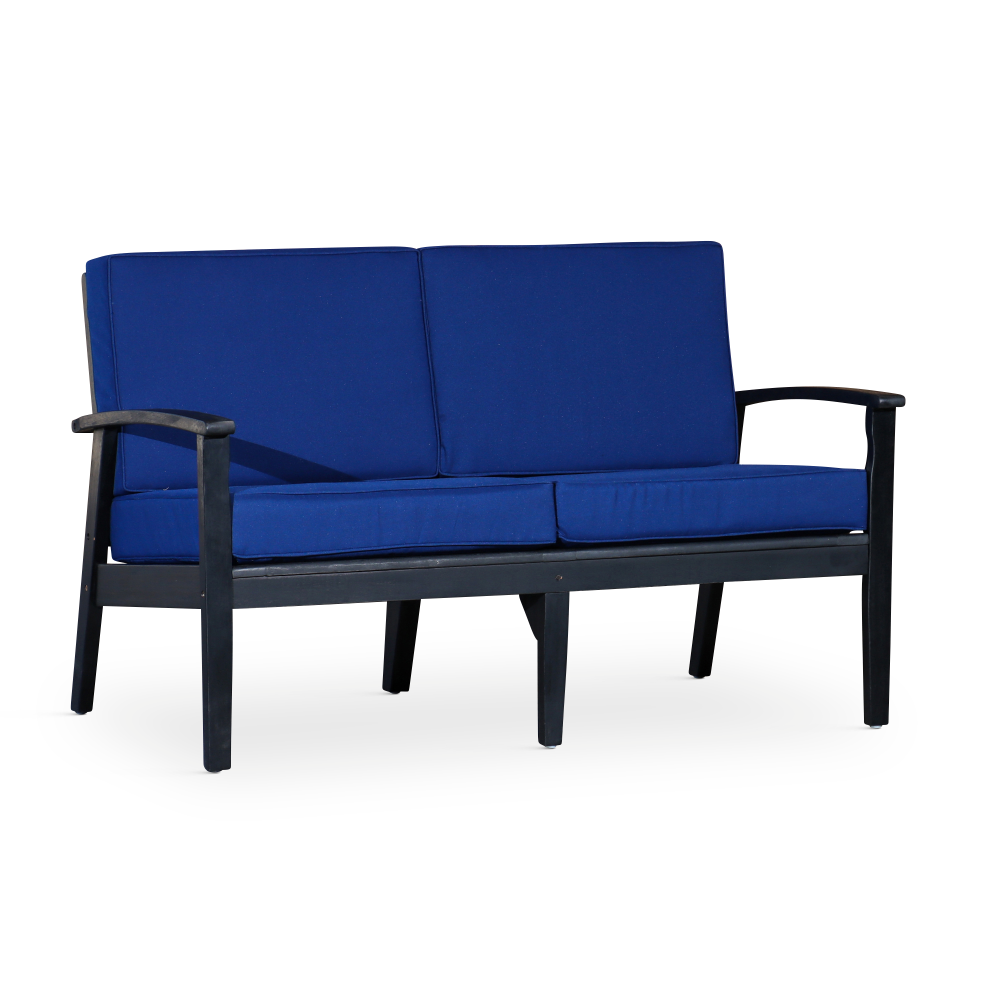 Eucalyptus Loveseat with Navy Cushions & Espresso Wood Finish