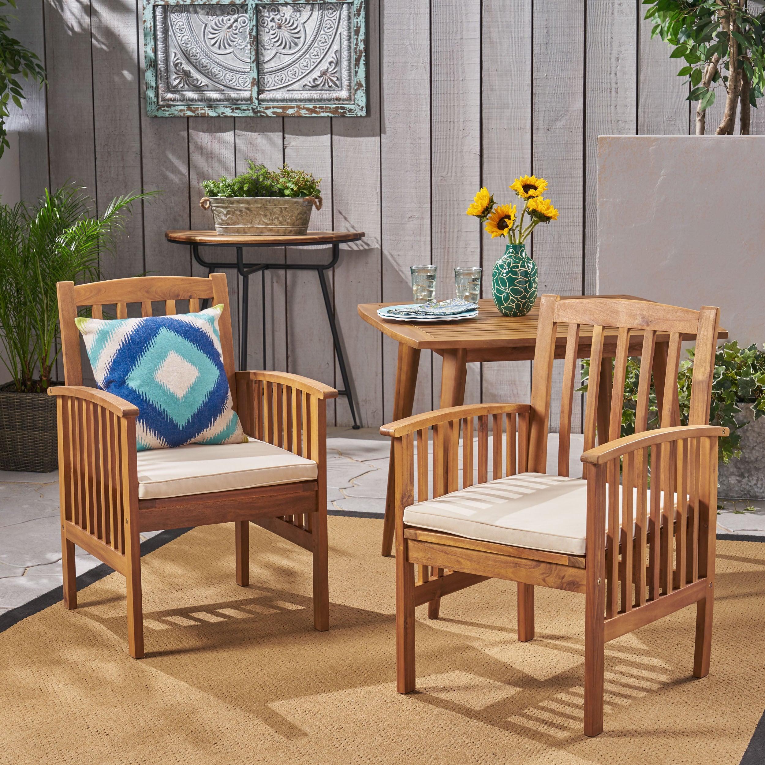 Acacia Wood Patio Dining Chairs (2pcs) + Cushions | Outdoor Seating