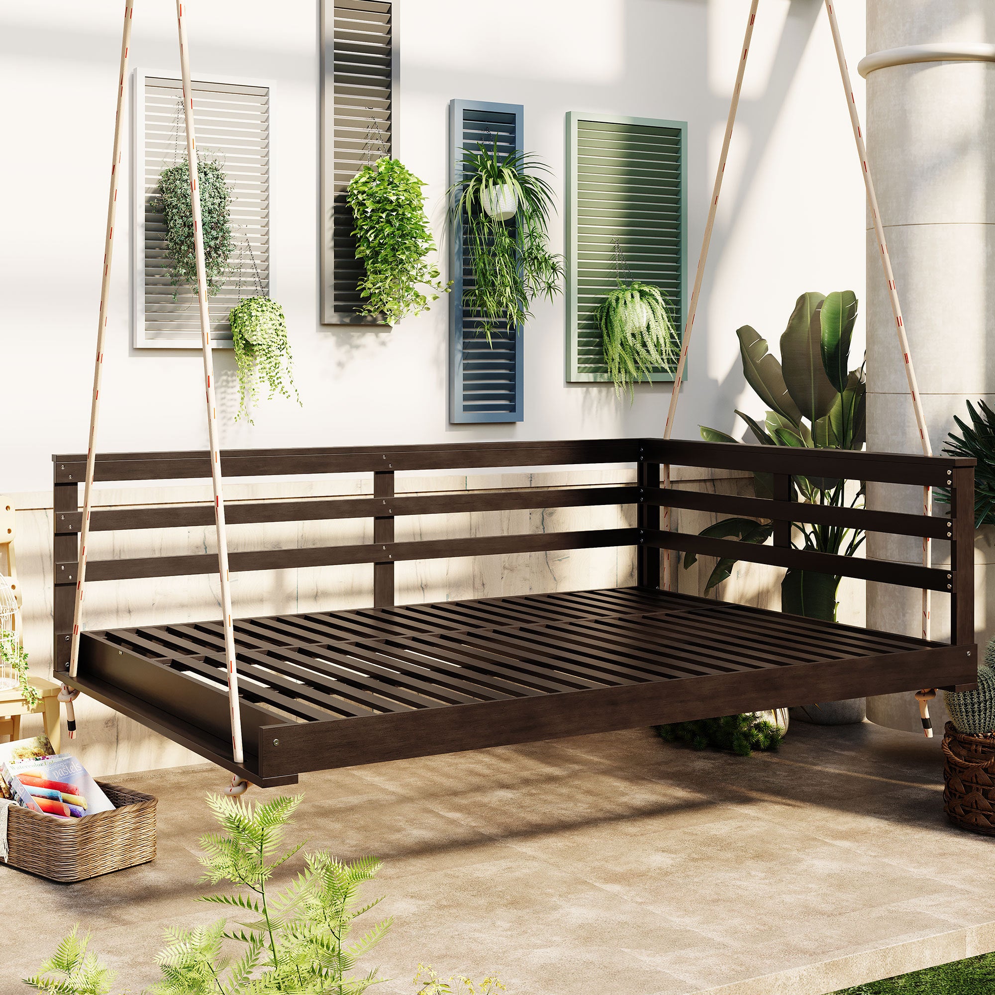 TOPMAX Acacia Wood Outdoor Porch Swing Bed Full Size Patio Hanging