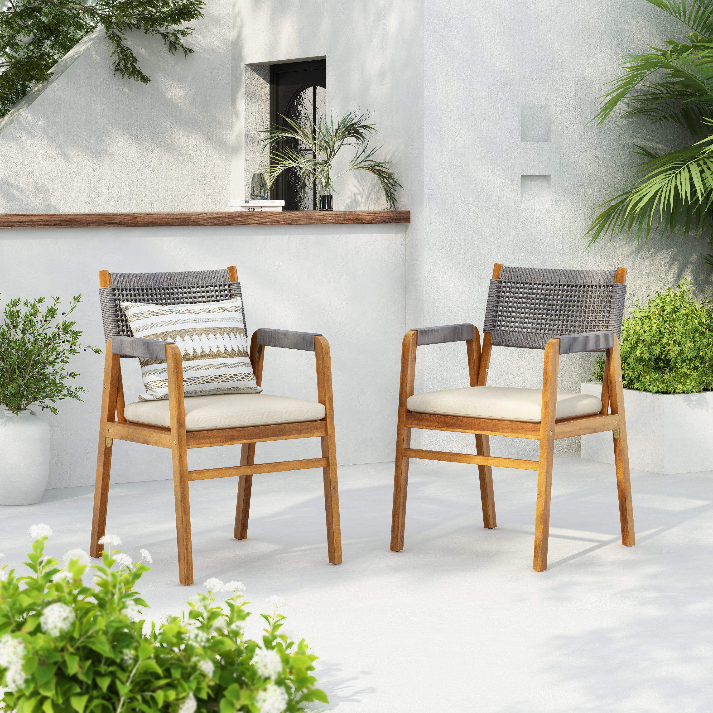 Acacia Wood Dining Armchairs w/Cushions (Set of 2)