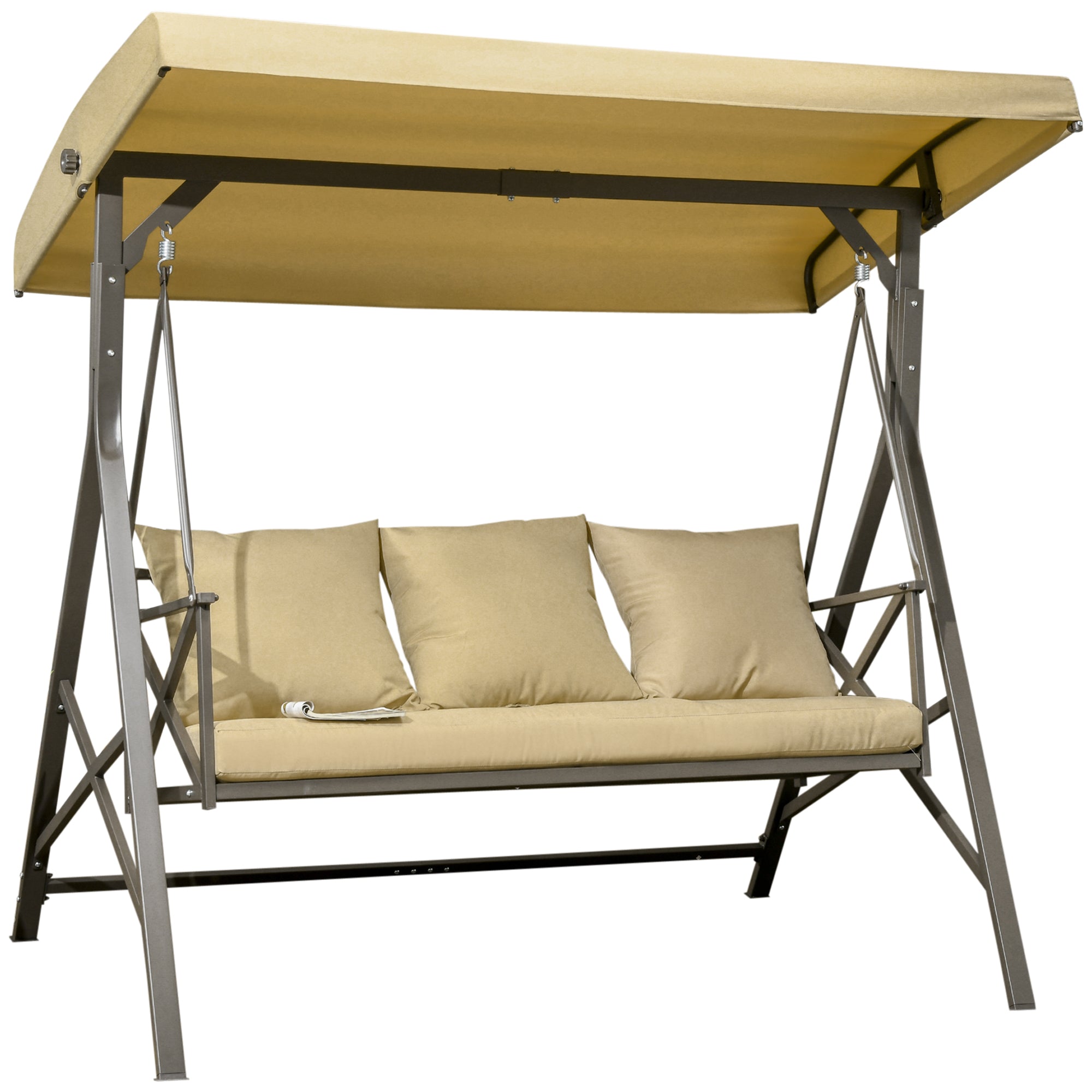 Khaki 3-Seat Patio Swing Chair Glider w/ Canopy, Cushions