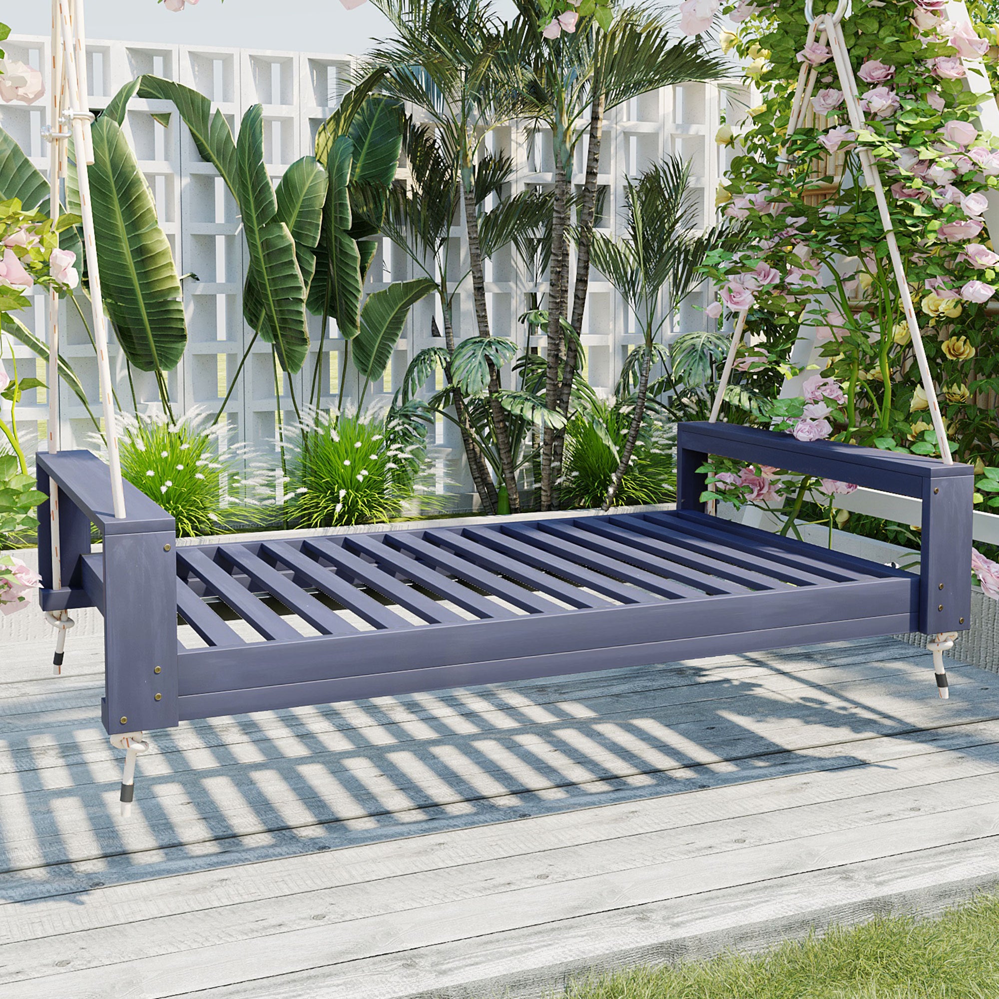 TOPMAX Twin Porch Swing Bed - Acacia Wood Outdoor Patio Garden