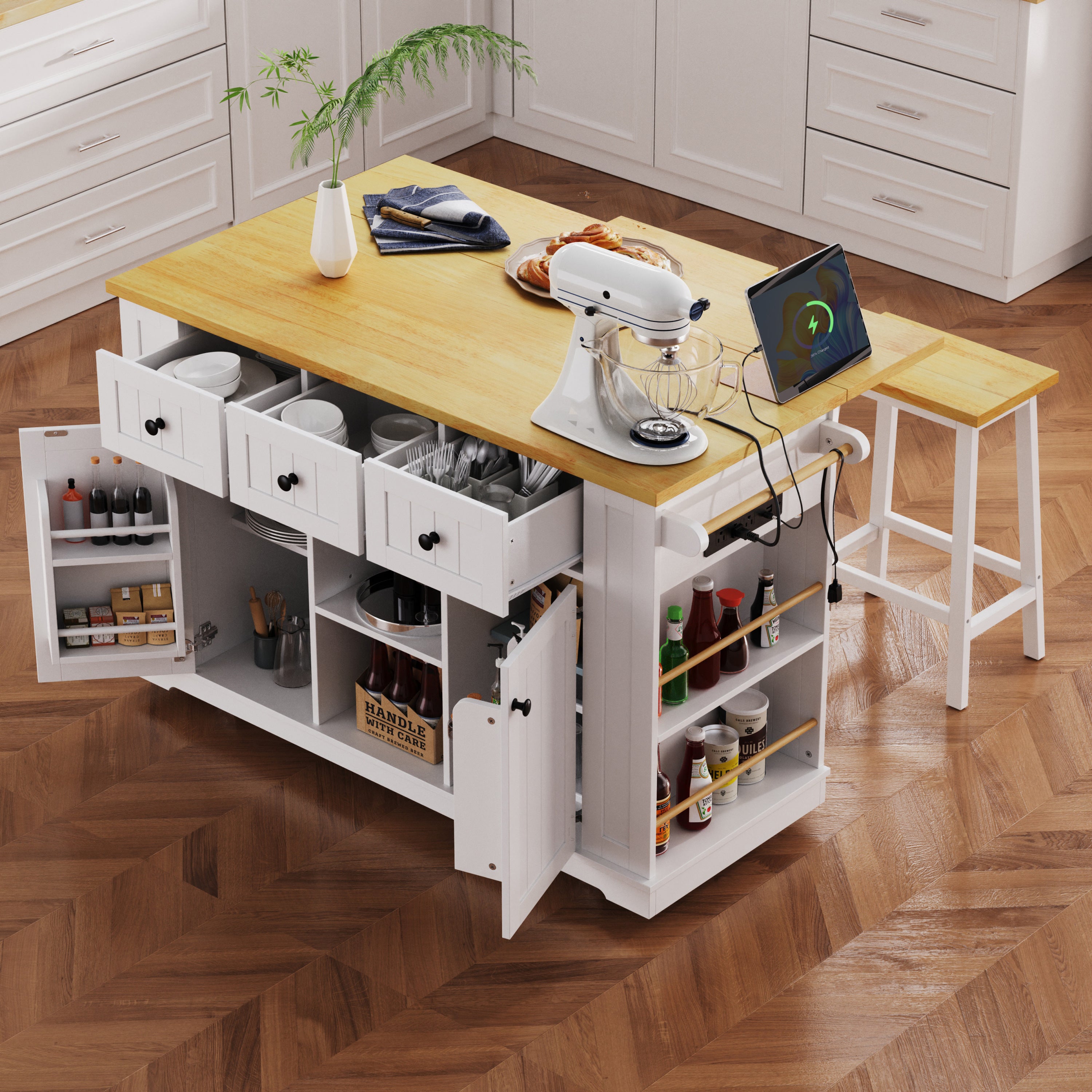 53" Kitchen Island w/ Drop Leaf, Power Outlet & Storage - White