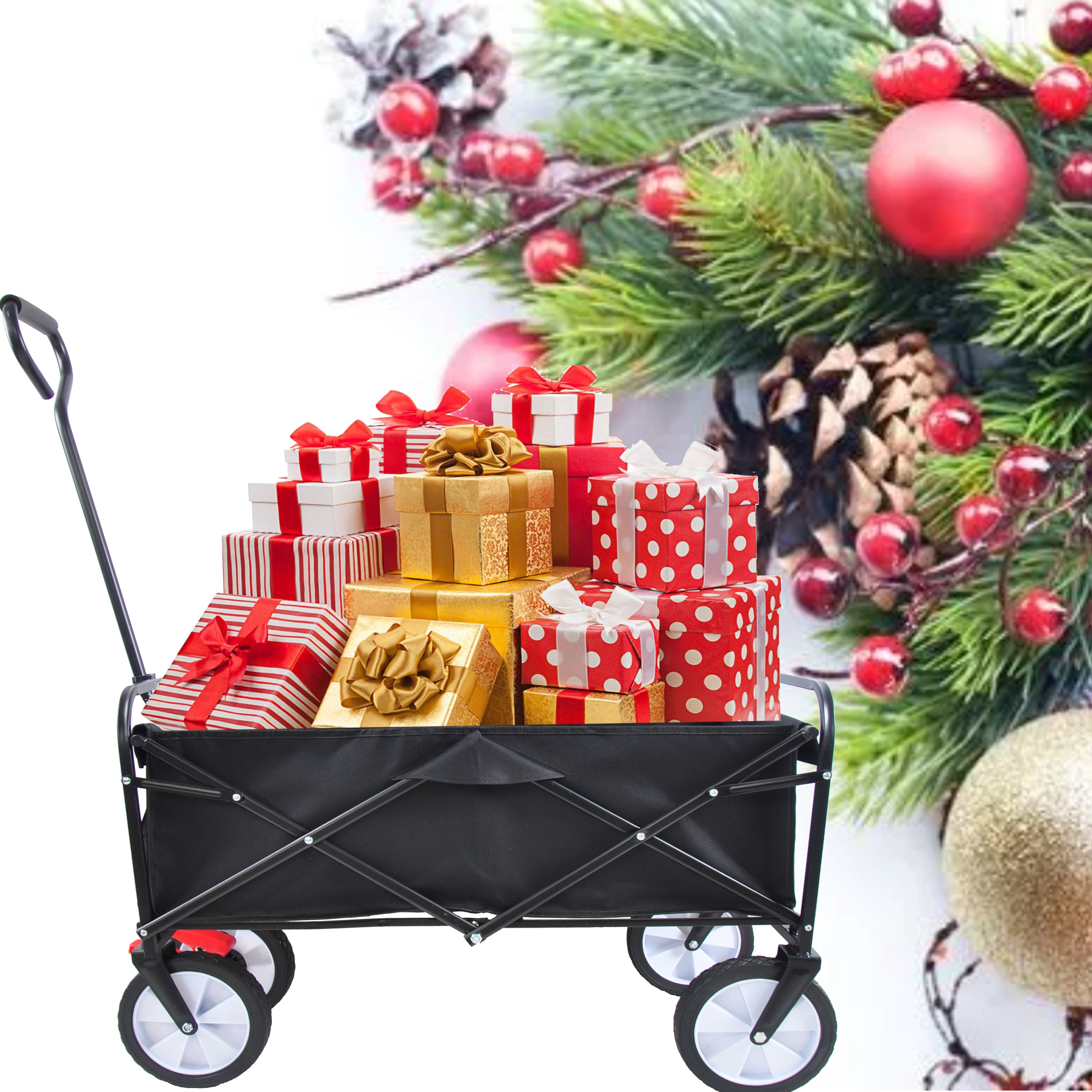 Folding Wagon Cart: Garden, Shopping, Beach - Heavy Duty Black