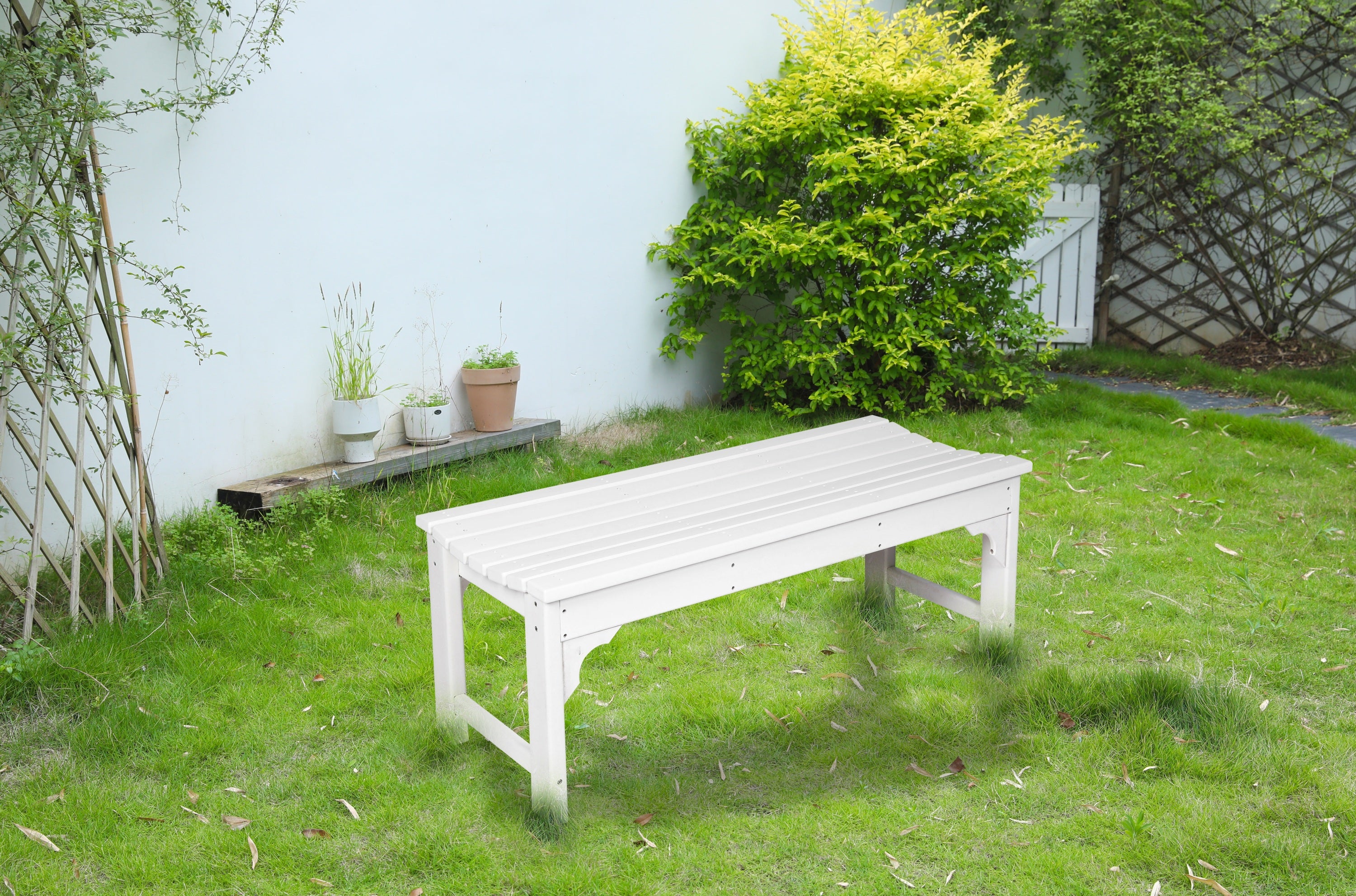 White Backless HDPE Adirondack Bench, Poly Lumber, All-Weather Patio
