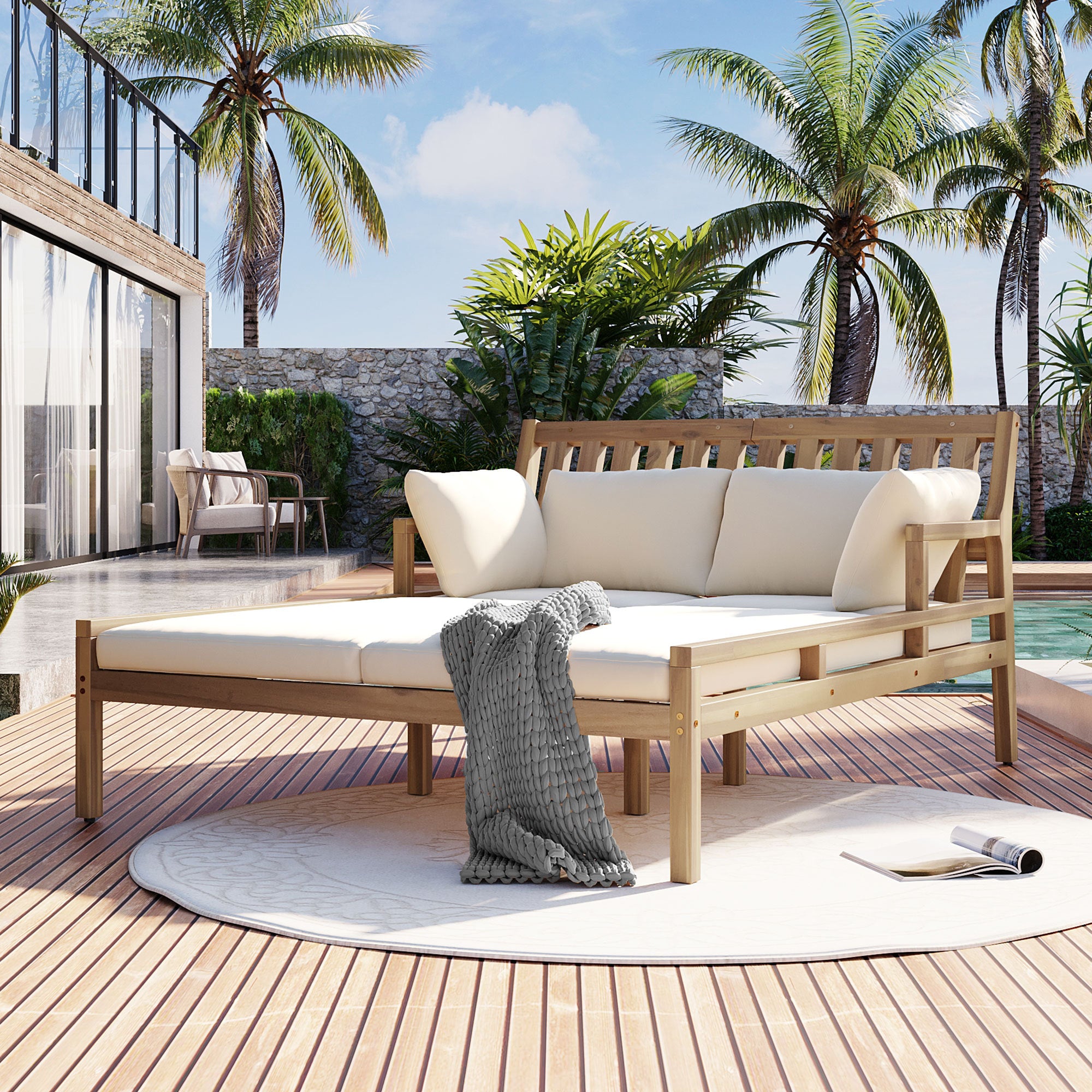 TREXM Outdoor Patio Daybed - Wooden Poolside Garden Lounger with Cushions