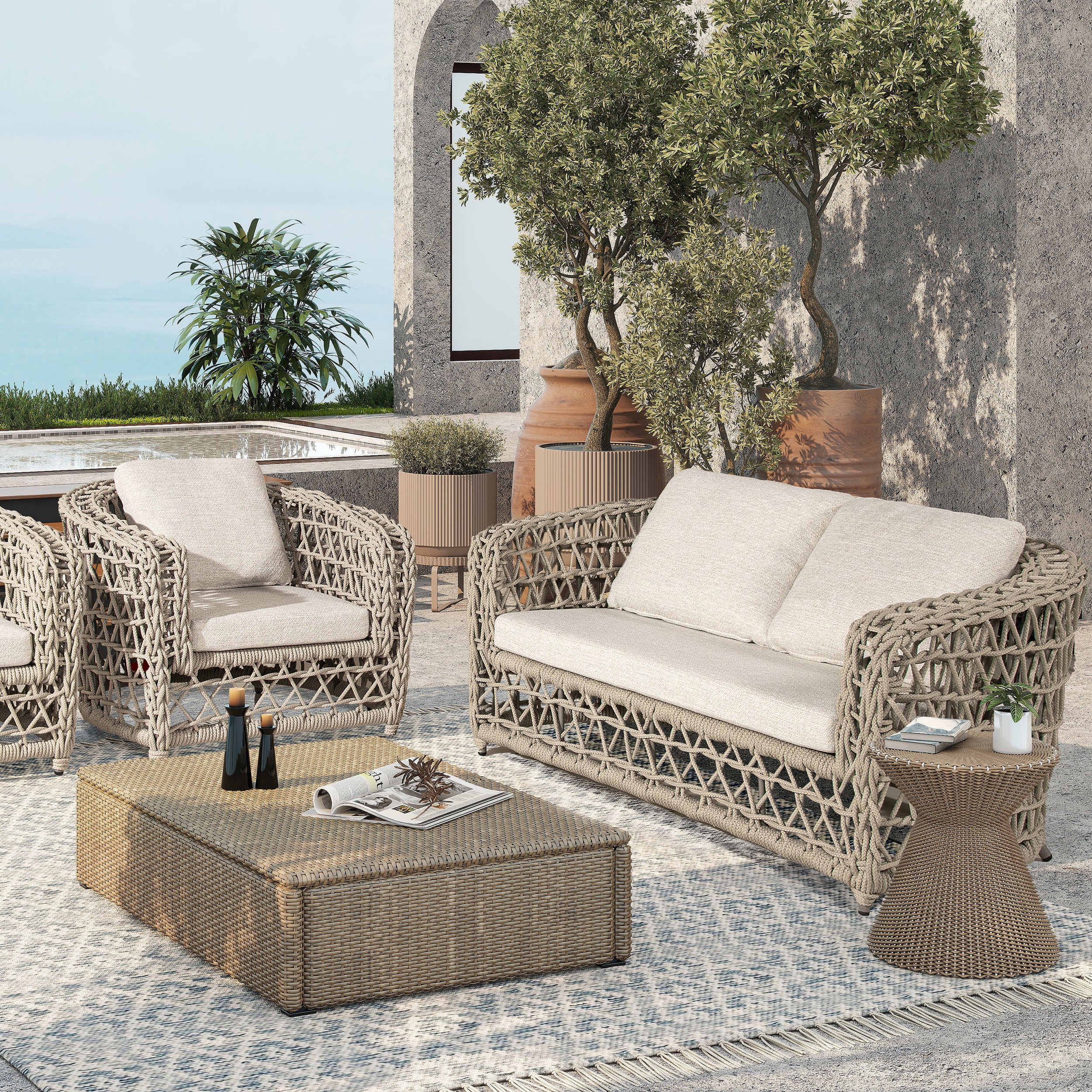 Everly 63.5" Woven Barrel Patio Loveseat Sofa - Deep Seating Oat Beige