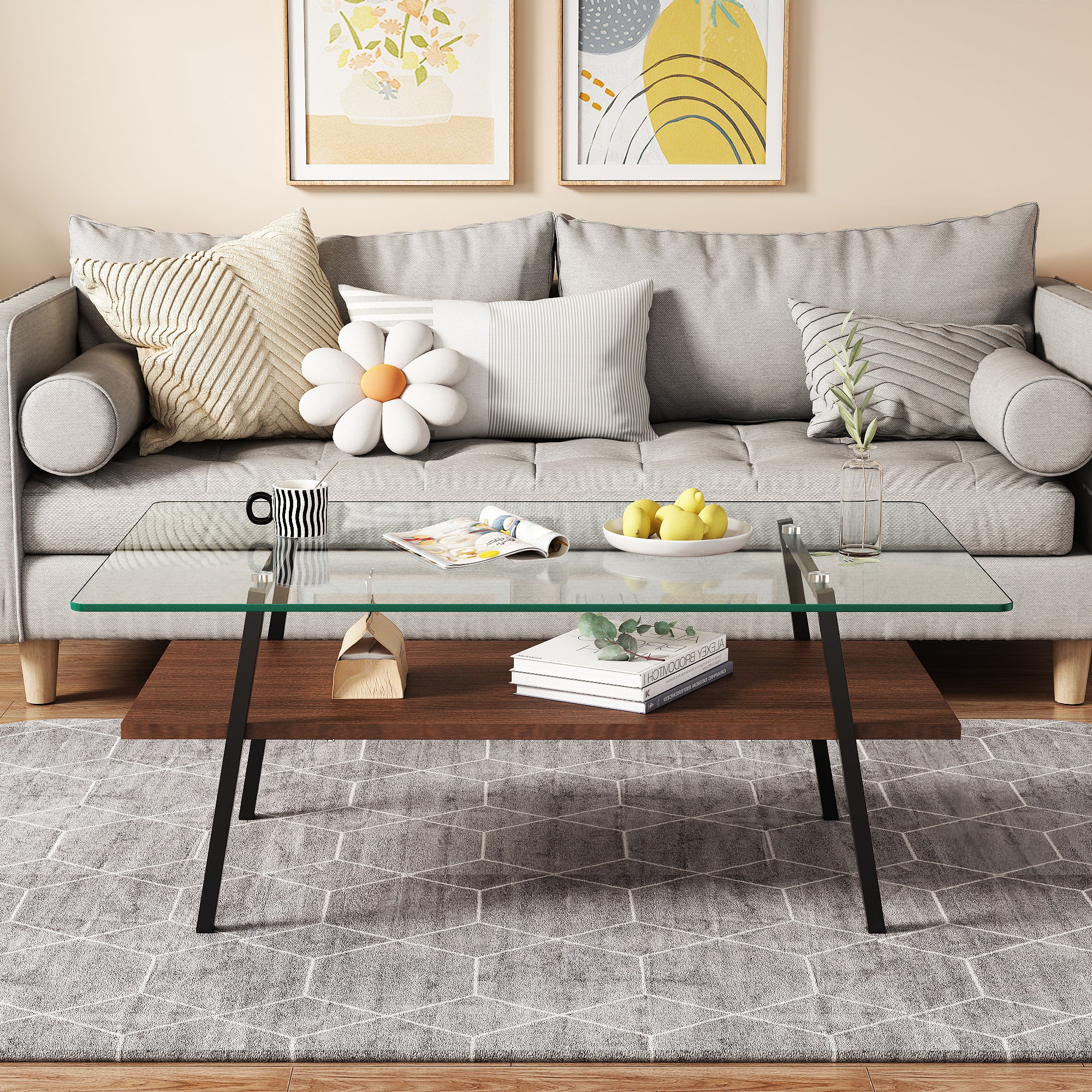 Modern Glass Coffee Table: Black Metal Legs