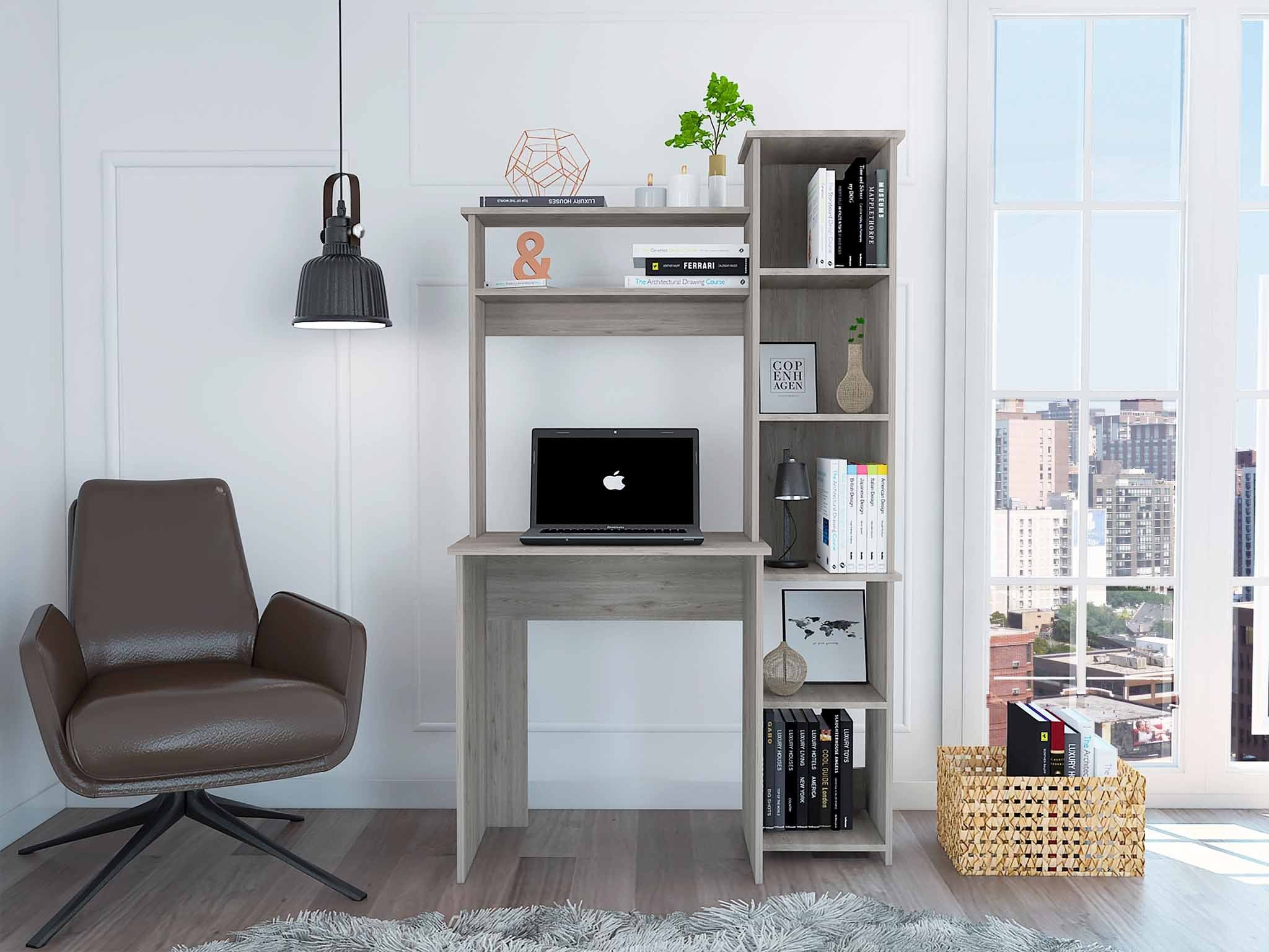 Light Grey 6-Shelf Writing Desk with Bookcase