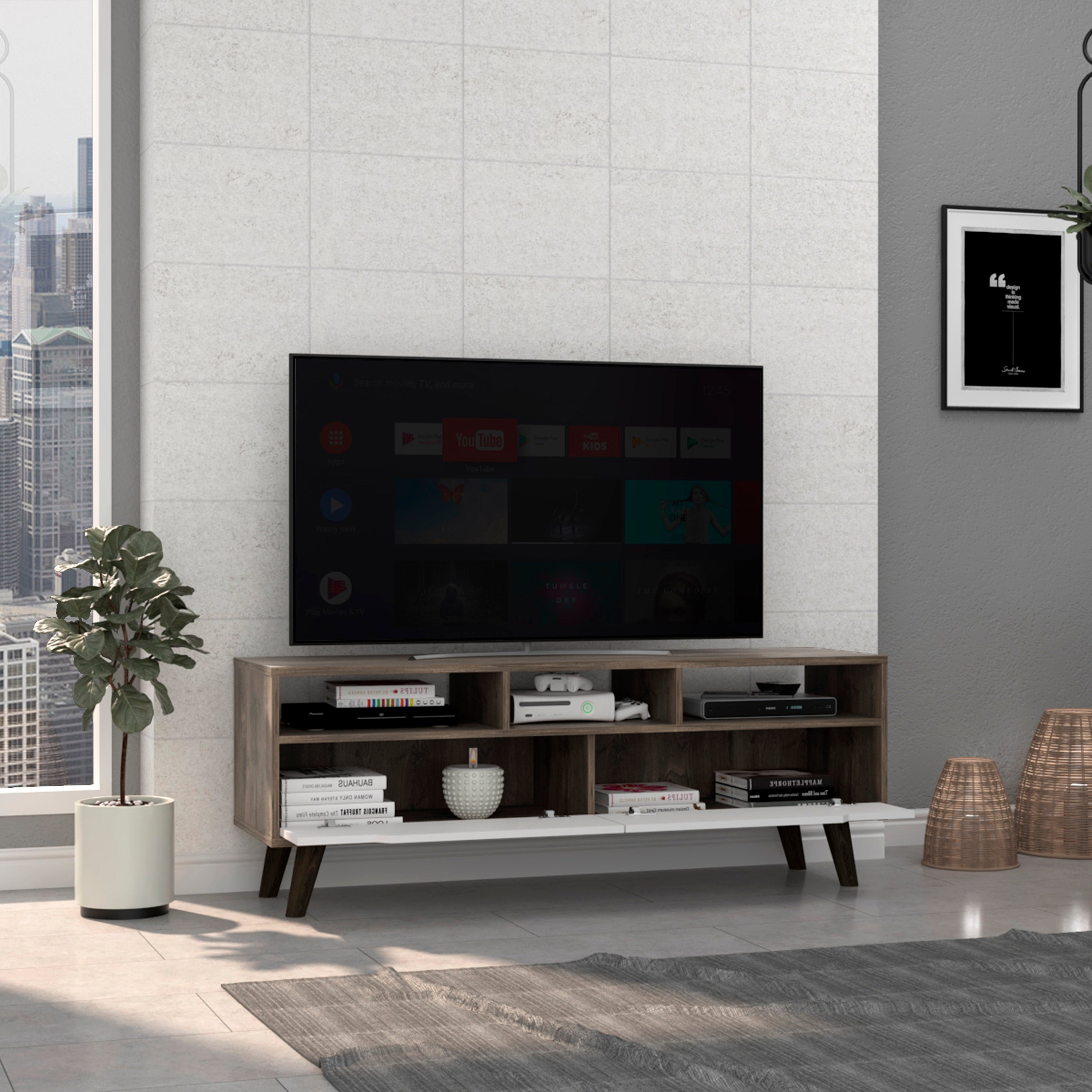 Modern TV Stand for 52" TVs | Dark Brown & White | 2 Drawers & Shelves