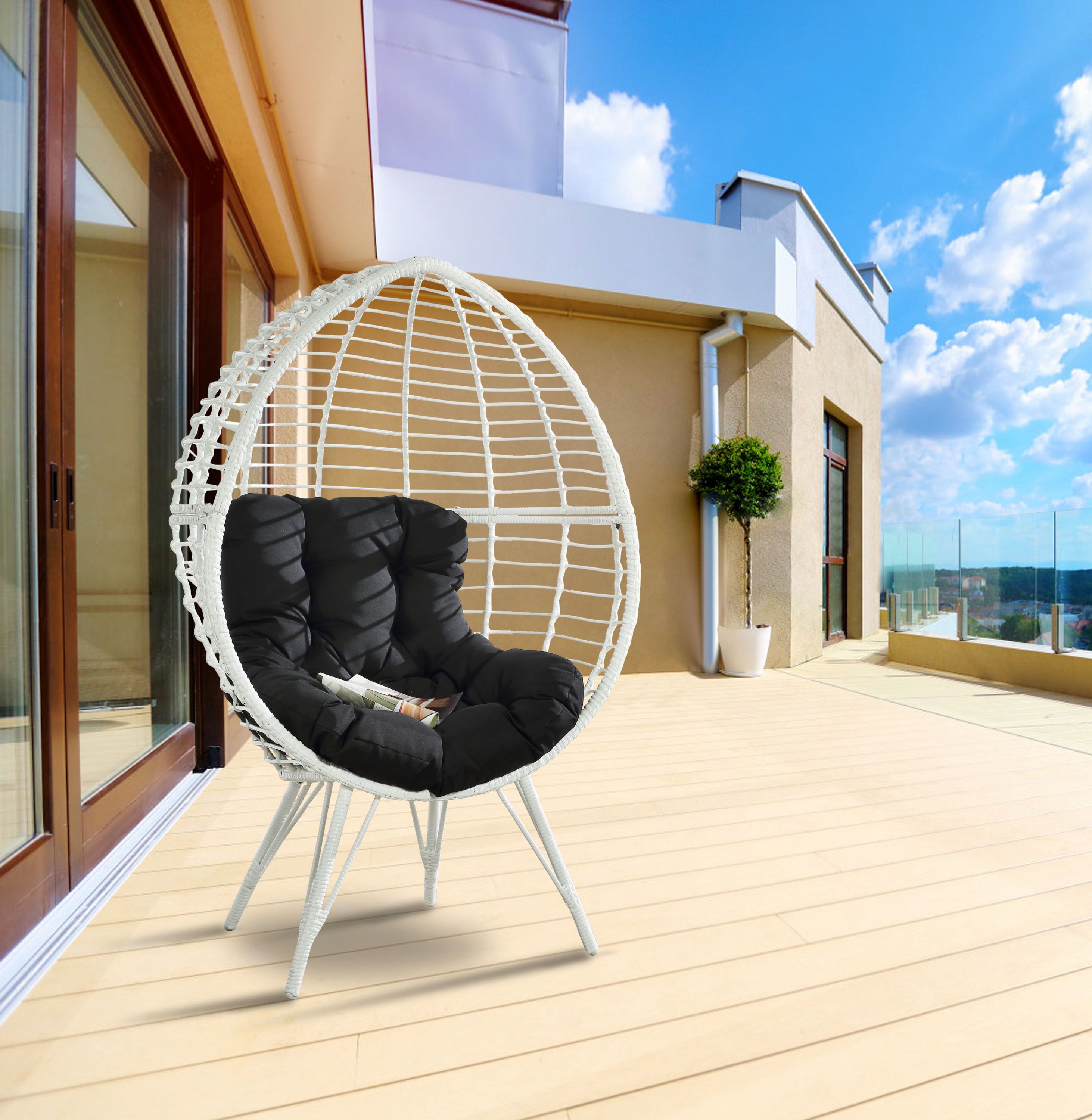 Glazed Black Fabric White Wicker Patio Lounge Chair Outdoor Furniture