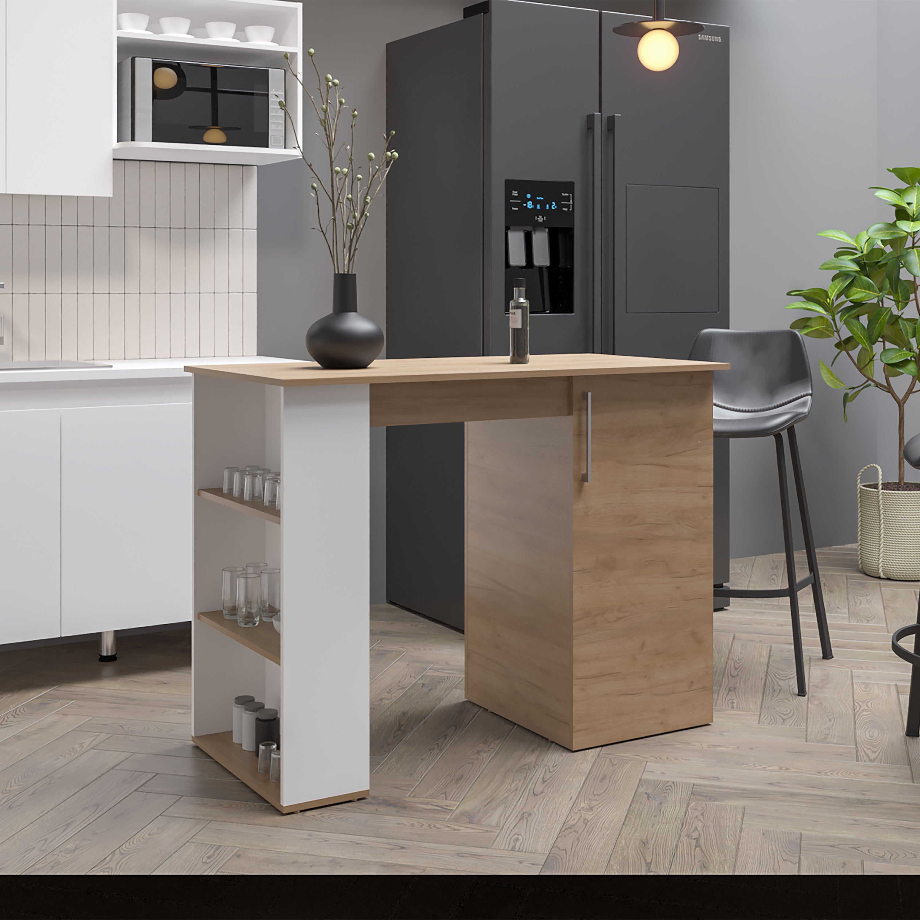 Allen 47" Kitchen Island w/ Shelves & Bar Table - White/Oak
