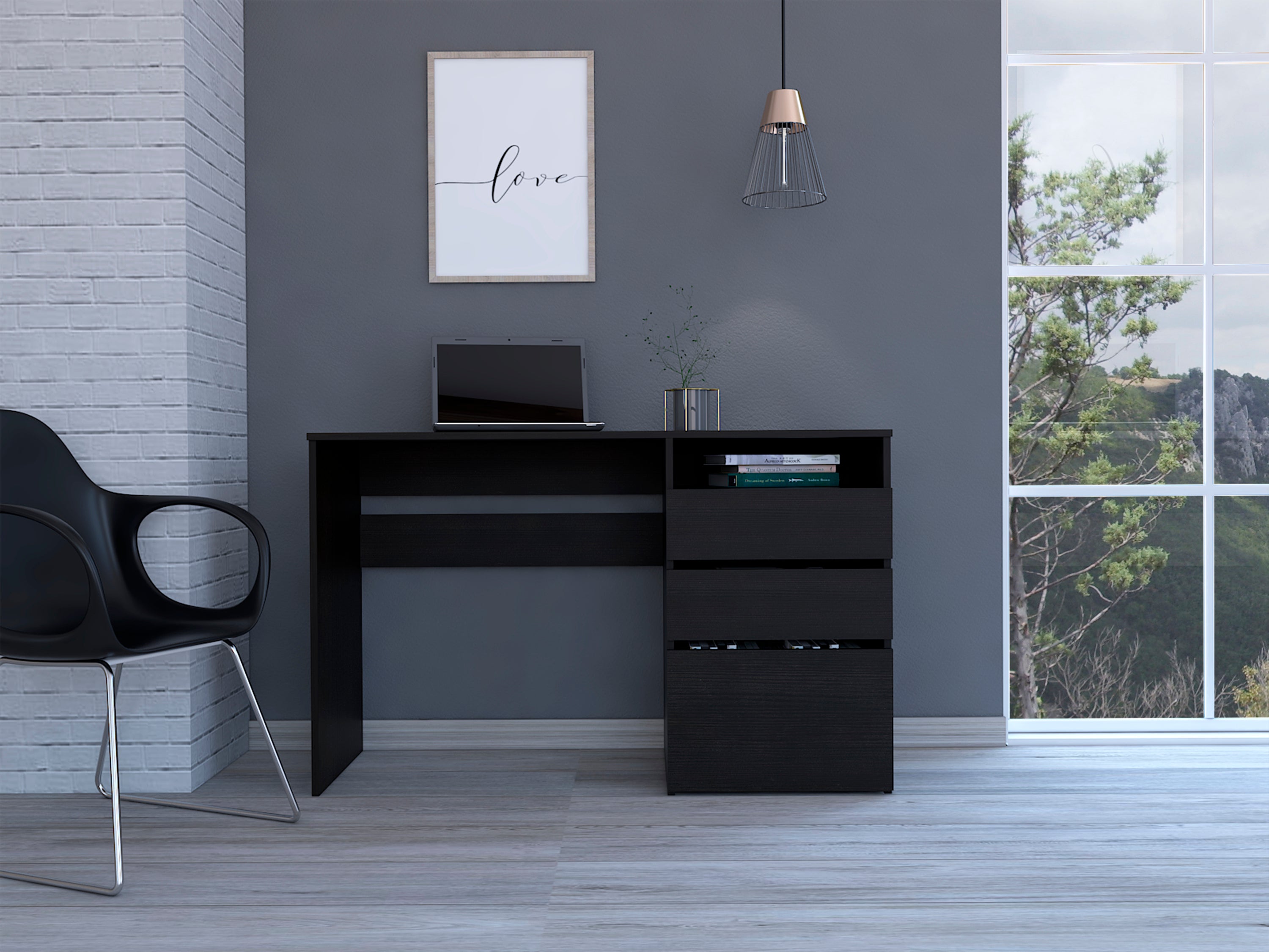 Black Wengue Computer Desk w/ 3 Drawers & Shelf