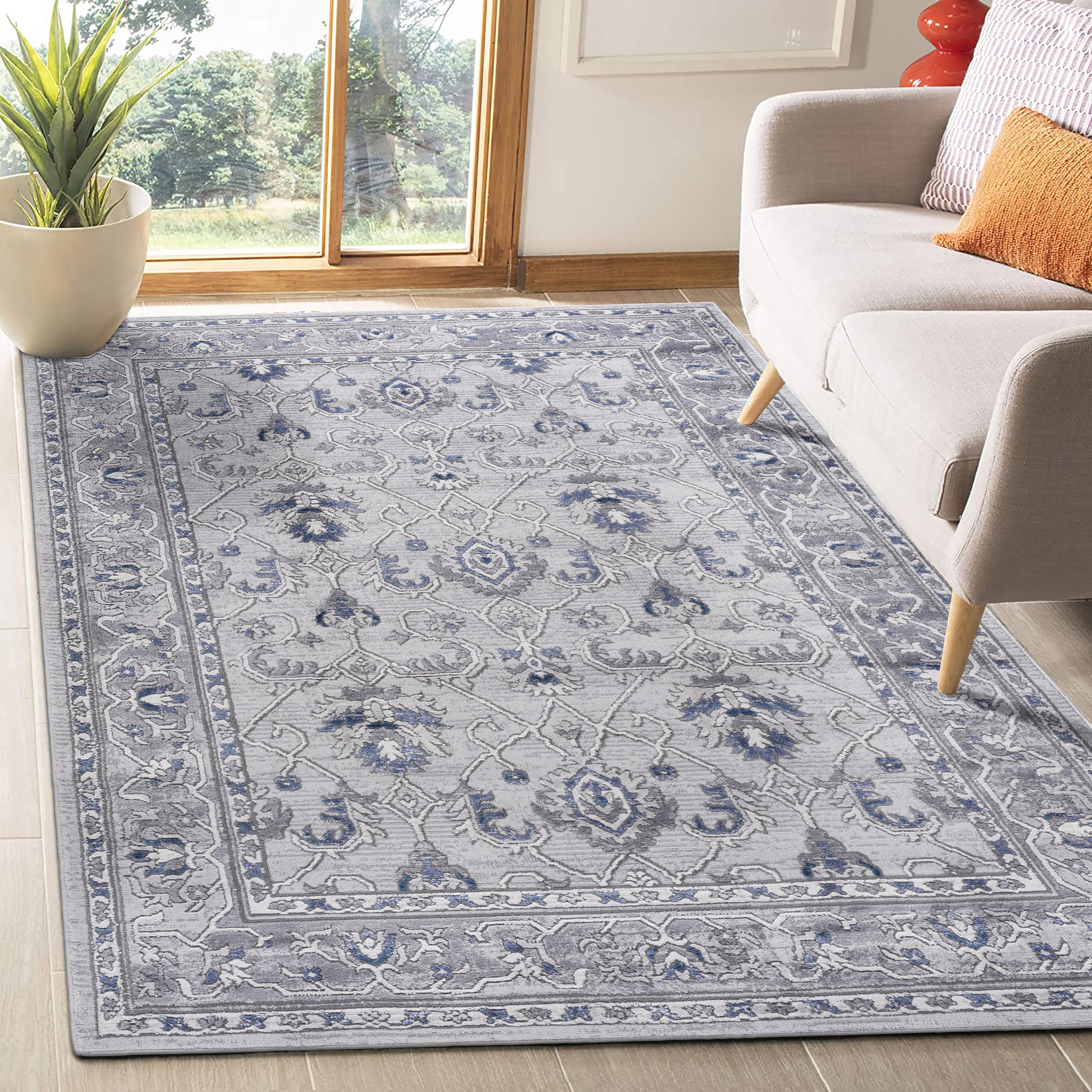 Grey/Blue Area Rug: 5x7 Non-Shedding Stain Resistant
