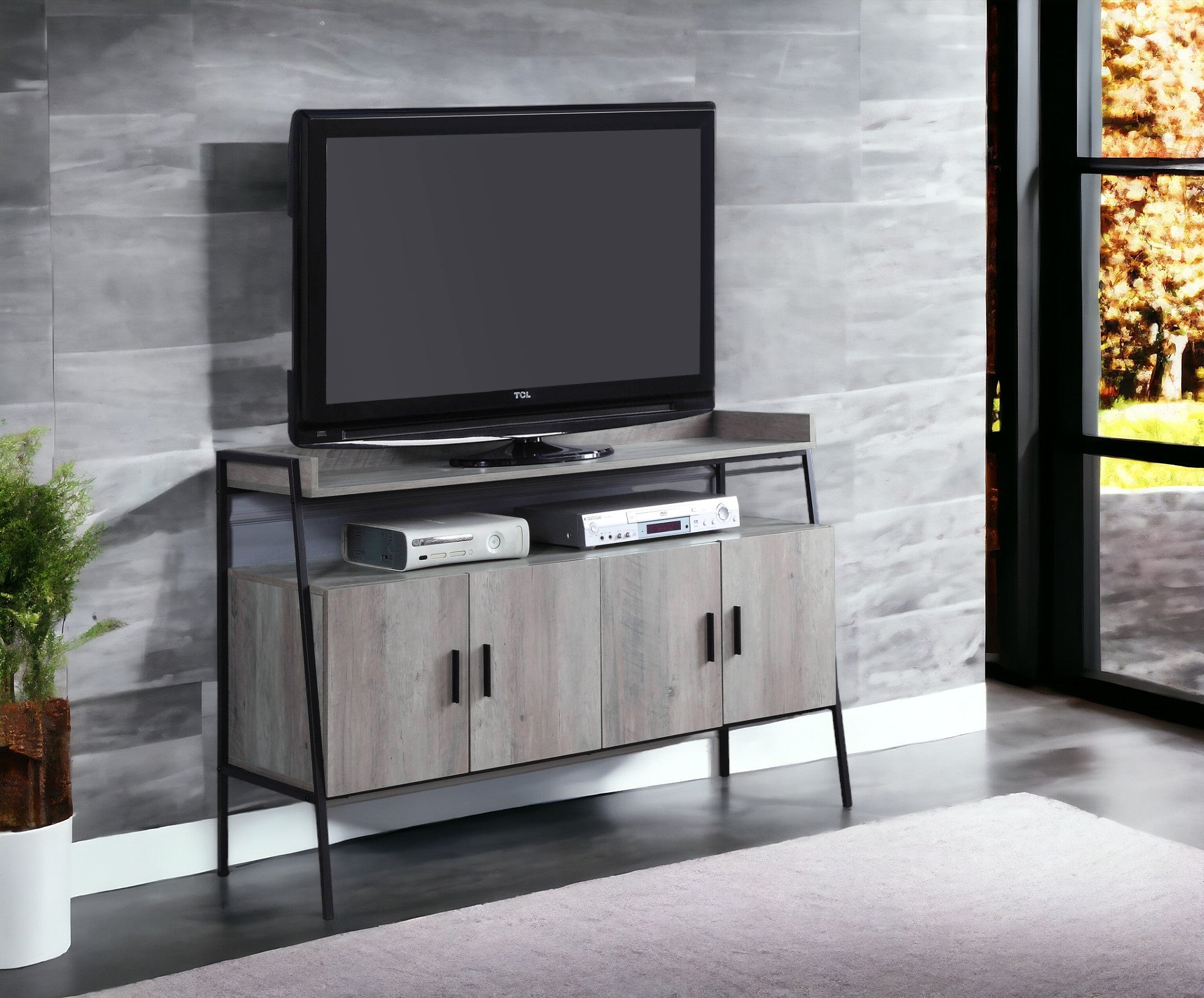 Grey Oak & Black 4-Door TV Stand | Modern Entertainment Center