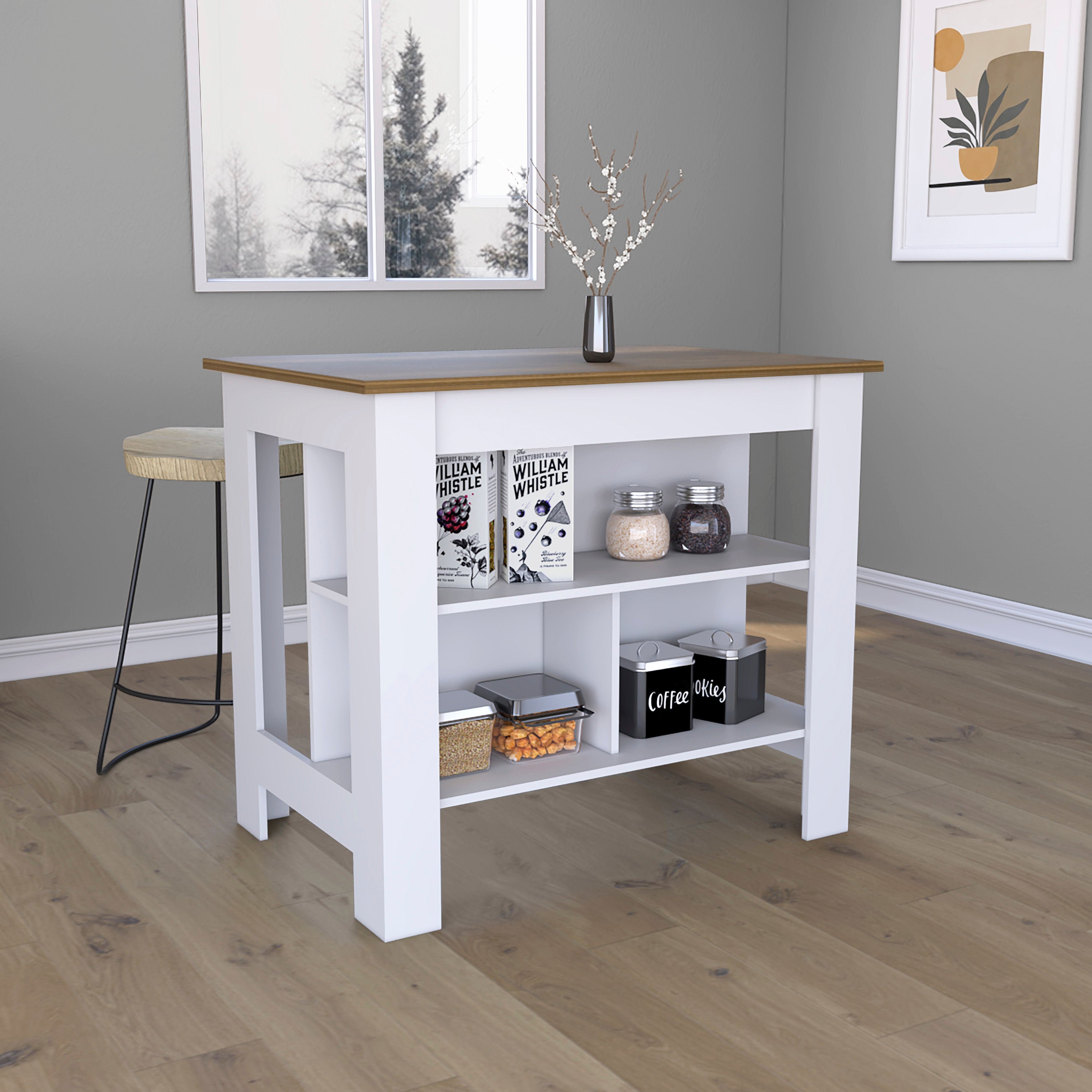 Dozza Kitchen Island, 3 Shelves, White & Walnut