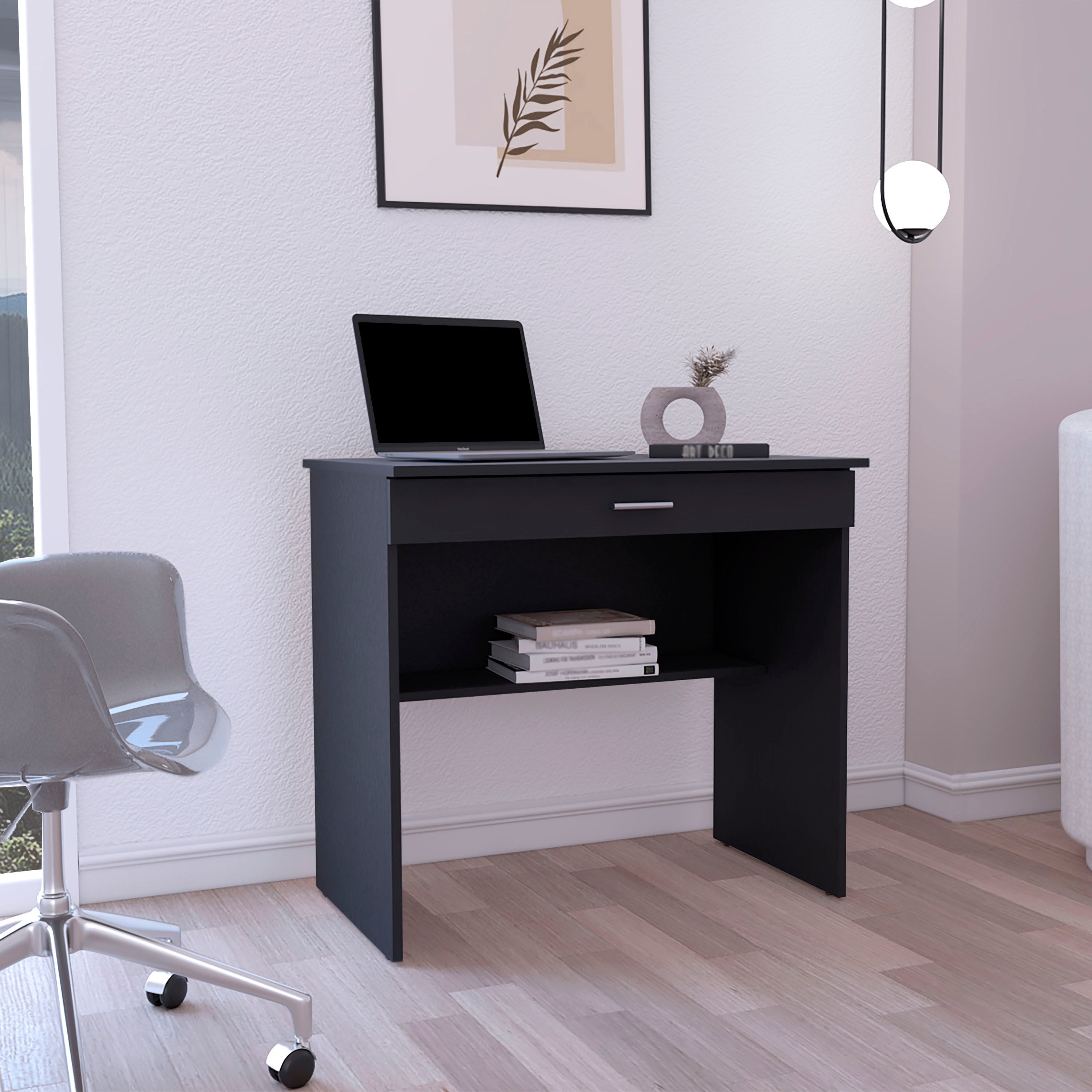 Compact Writing Desk with Drawer & Shelf - White